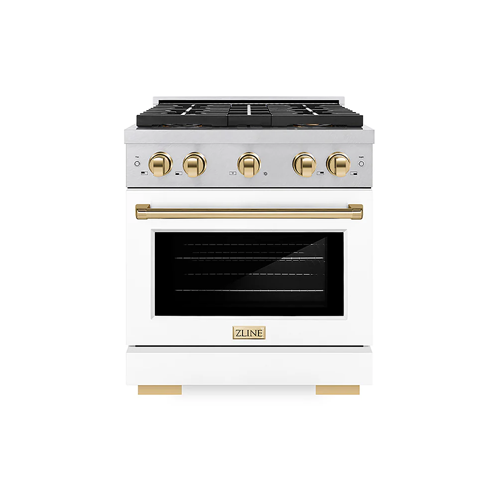 ZLINE Autograph Edition 30 in. 4.2 cu. ft. Paramount Dual Fuel Range with 4 Burner DuoPro™ Cooktop and Electric Convection Oven in Satin Stainless Steel with White Matte Door and Polished Gold Accents, Open Box-Great Condition - Image 3