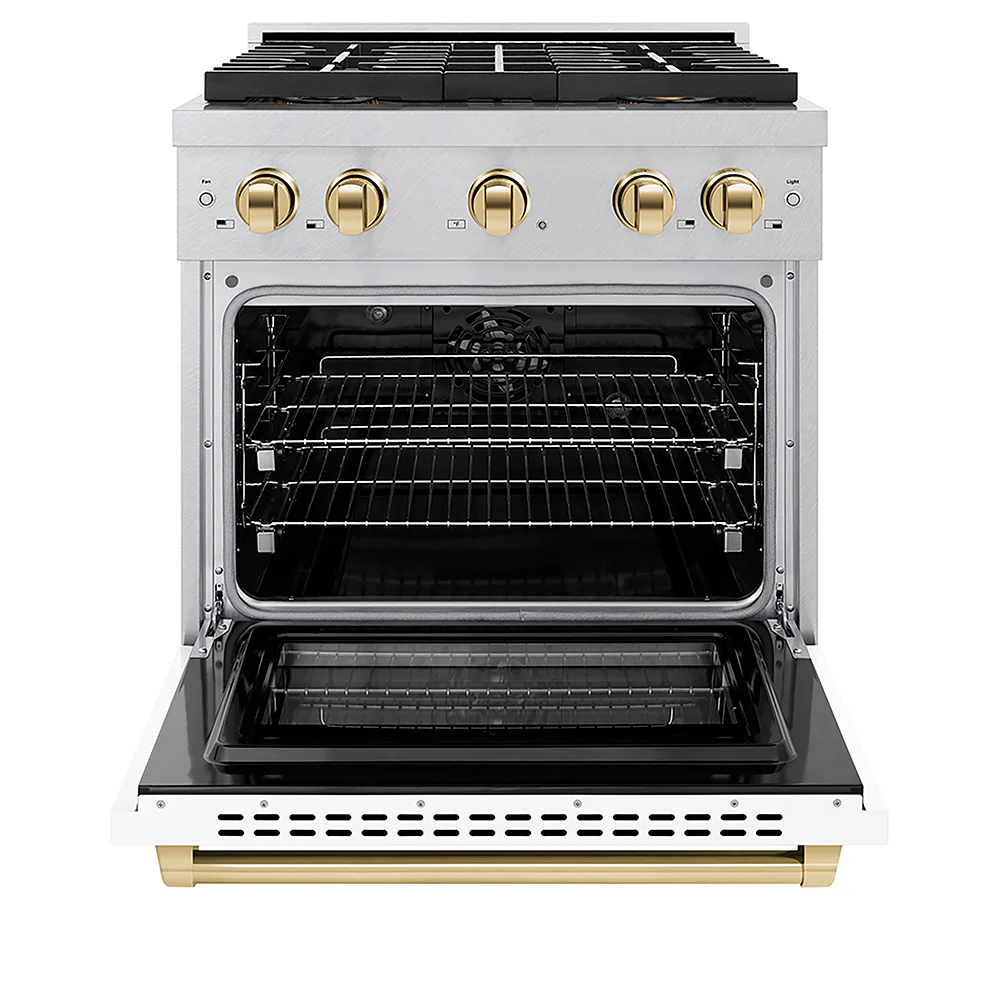 ZLINE Autograph Edition 30 in. 4.2 cu. ft. Paramount Dual Fuel Range with 4 Burner DuoPro™ Cooktop and Electric Convection Oven in Satin Stainless Steel with White Matte Door and Polished Gold Accents, Open Box-Great Condition - Image 4
