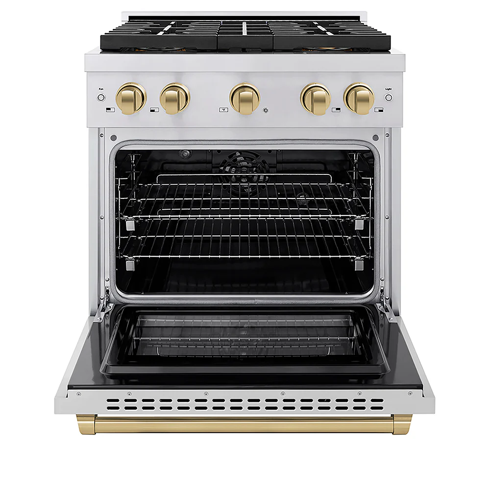 ZLINE Autograph Edition 30 in. 4.2 cu. ft. Paramount Dual Fuel Range with 4 Burner DuoPro™ Cooktop and Electric Convection Oven in Stainless Steel with Champagne Bronze Accents, Open Box-Great Condition - Image 4