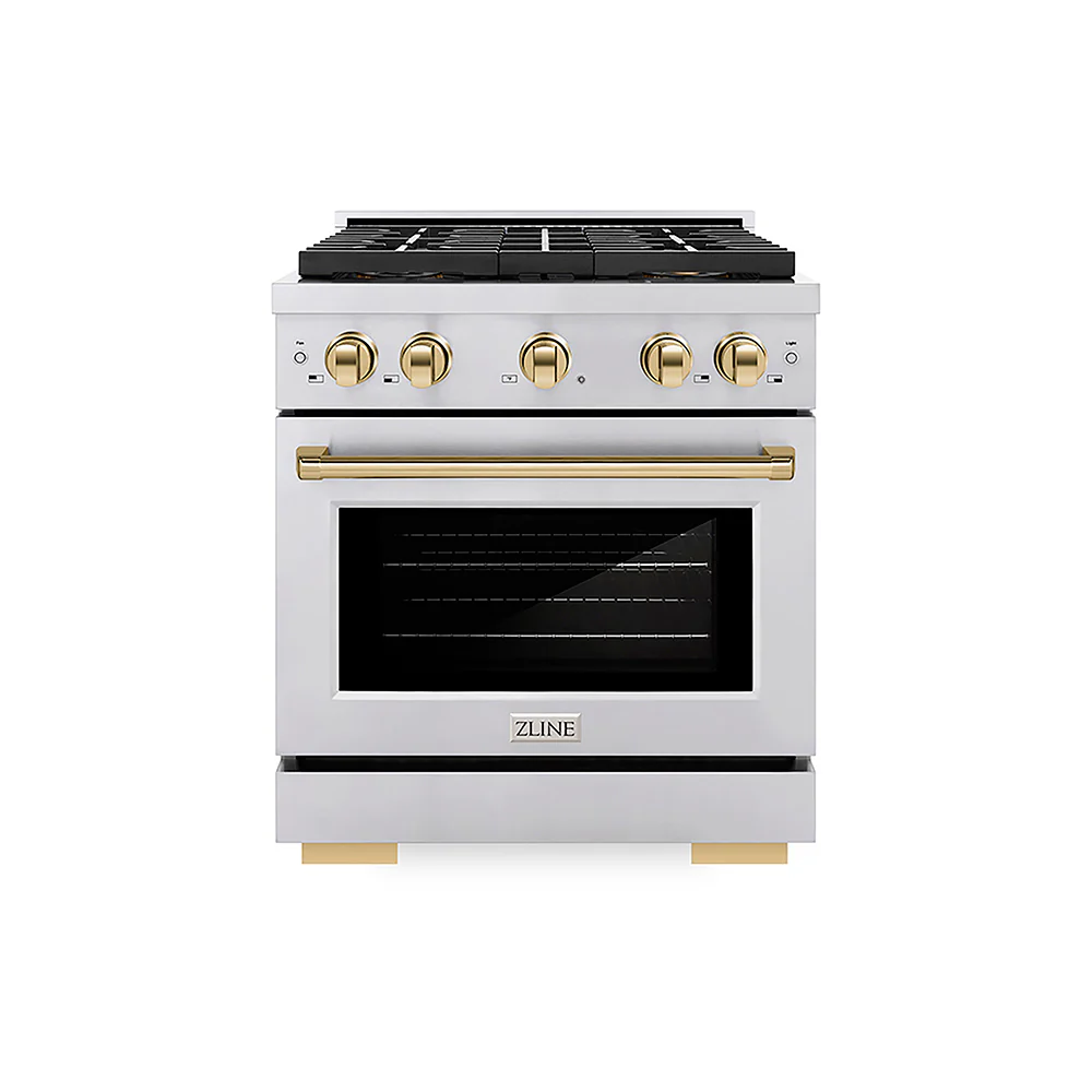 ZLINE Autograph Edition 30 in. 4.2 cu. ft. Paramount Dual Fuel Range with 4 Burner DuoPro™ Cooktop and Electric Convection Oven in Stainless Steel with Polished Gold Accents, Open Box-Great Condition - Image 3