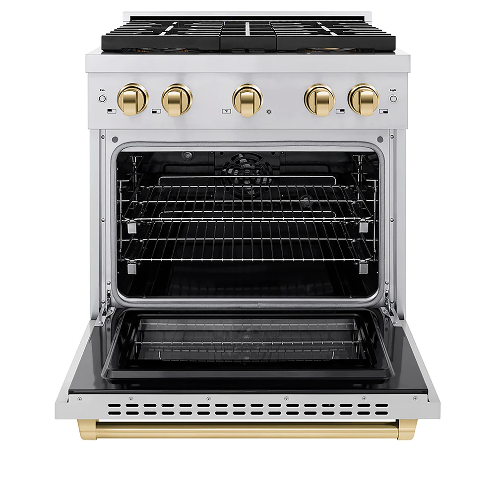 ZLINE Autograph Edition 30 in. 4.2 cu. ft. Paramount Dual Fuel Range with 4 Burner DuoPro™ Cooktop and Electric Convection Oven in Stainless Steel with Polished Gold Accents, Open Box-Great Condition - Image 4