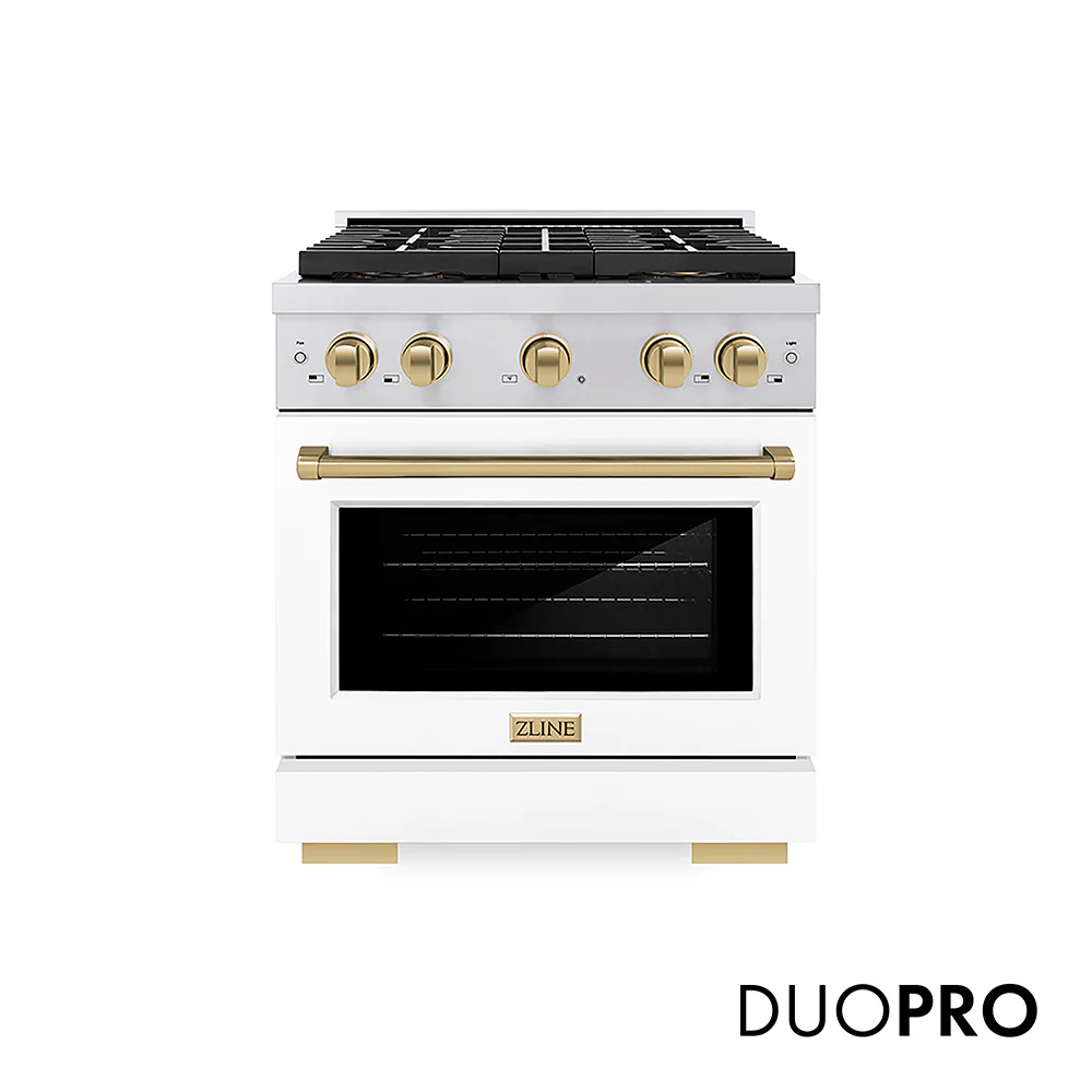 ZLINE Autograph Edition 30 in. 4.2 cu. ft. Paramount Dual Fuel Range with 4 Burner DuoPro™ Cooktop and Electric Convection Oven in Stainless Steel with White Matte Door and Champagne Bronze Accents, Open Box-Great Condition