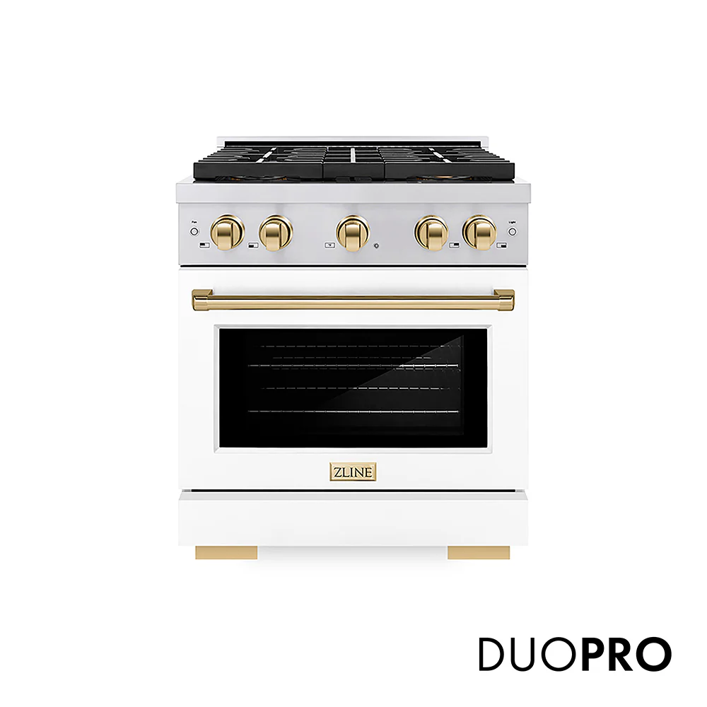 ZLINE Autograph Edition 30 in. 4.2 cu. ft. Paramount Dual Fuel Range with 4 Burner DuoPro™ Cooktop and Electric Convection Oven in Stainless Steel with White Matte Door and Polished Gold Accents, Open Box-Great Condition
