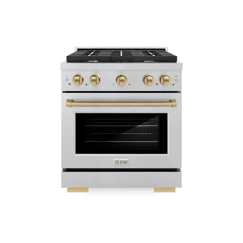 ZLINE Autograph Edition 30 in. 4.2 cu. ft. Paramount Dual Fuel Range with 4 Burner Gas Cooktop and Electric Convection Oven in Satin Stainless Steel with Champagne Bronze Accents, Open Box-Great Condition - Image 3