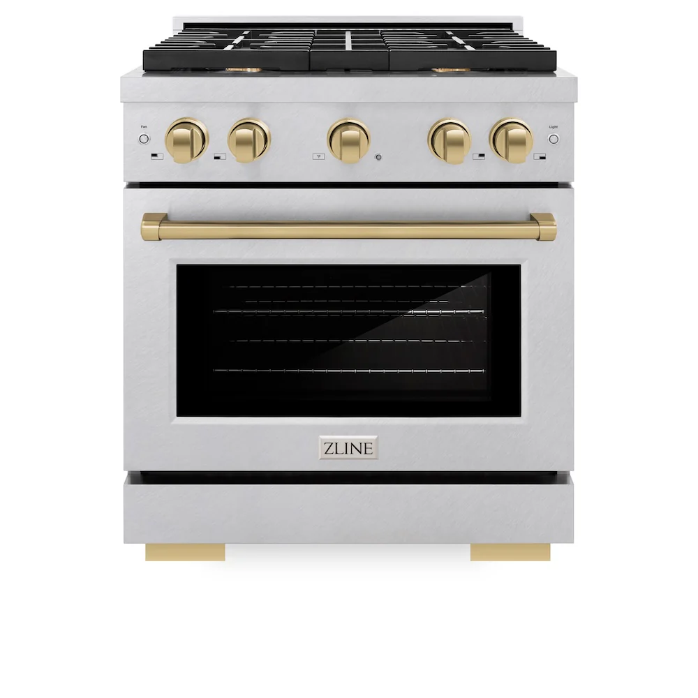 ZLINE Autograph Edition 30 in. 4.2 cu. ft. Paramount Dual Fuel Range with 4 Burner Gas Cooktop and Electric Convection Oven in Satin Stainless Steel with Champagne Bronze Accents, Open Box-Great Condition - Image 4