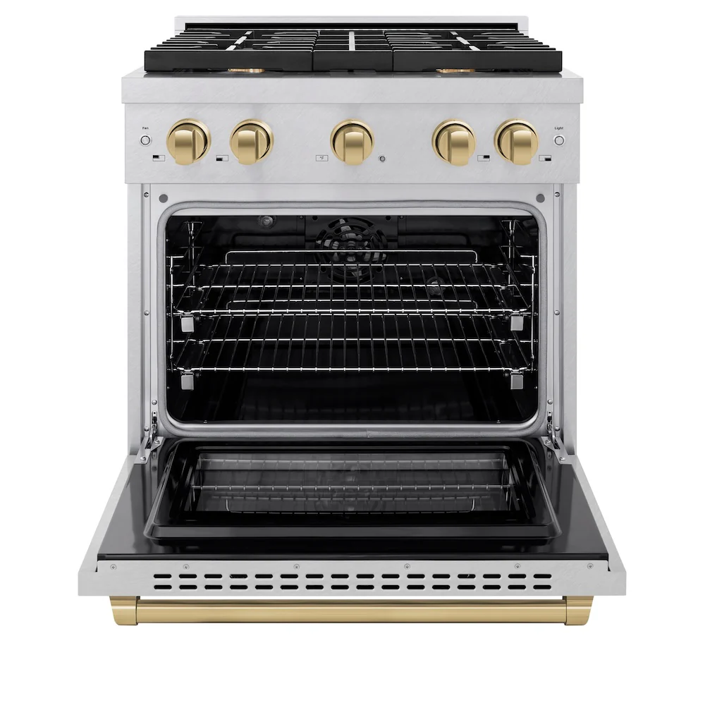ZLINE Autograph Edition 30 in. 4.2 cu. ft. Paramount Dual Fuel Range with 4 Burner Gas Cooktop and Electric Convection Oven in Satin Stainless Steel with Champagne Bronze Accents, Open Box-Great Condition - Image 5
