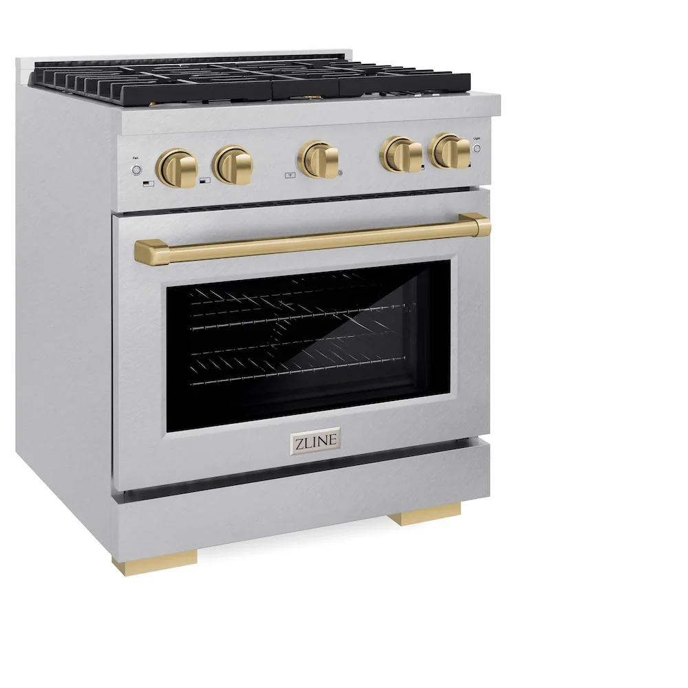 ZLINE Autograph Edition 30 in. 4.2 cu. ft. Paramount Dual Fuel Range with 4 Burner Gas Cooktop and Electric Convection Oven in Satin Stainless Steel with Champagne Bronze Accents, Open Box-Great Condition - Image 6
