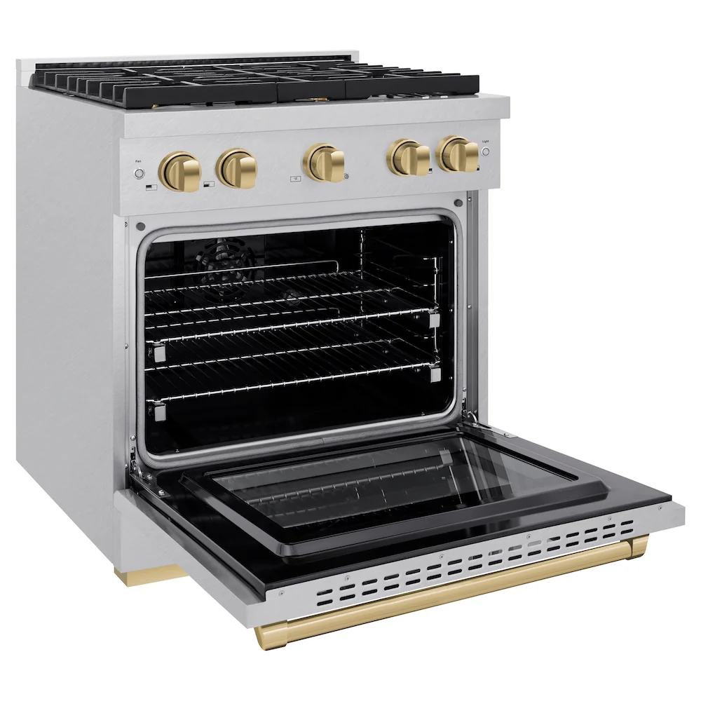 ZLINE Autograph Edition 30 in. 4.2 cu. ft. Paramount Dual Fuel Range with 4 Burner Gas Cooktop and Electric Convection Oven in Satin Stainless Steel with Champagne Bronze Accents, Open Box-Great Condition - Image 7