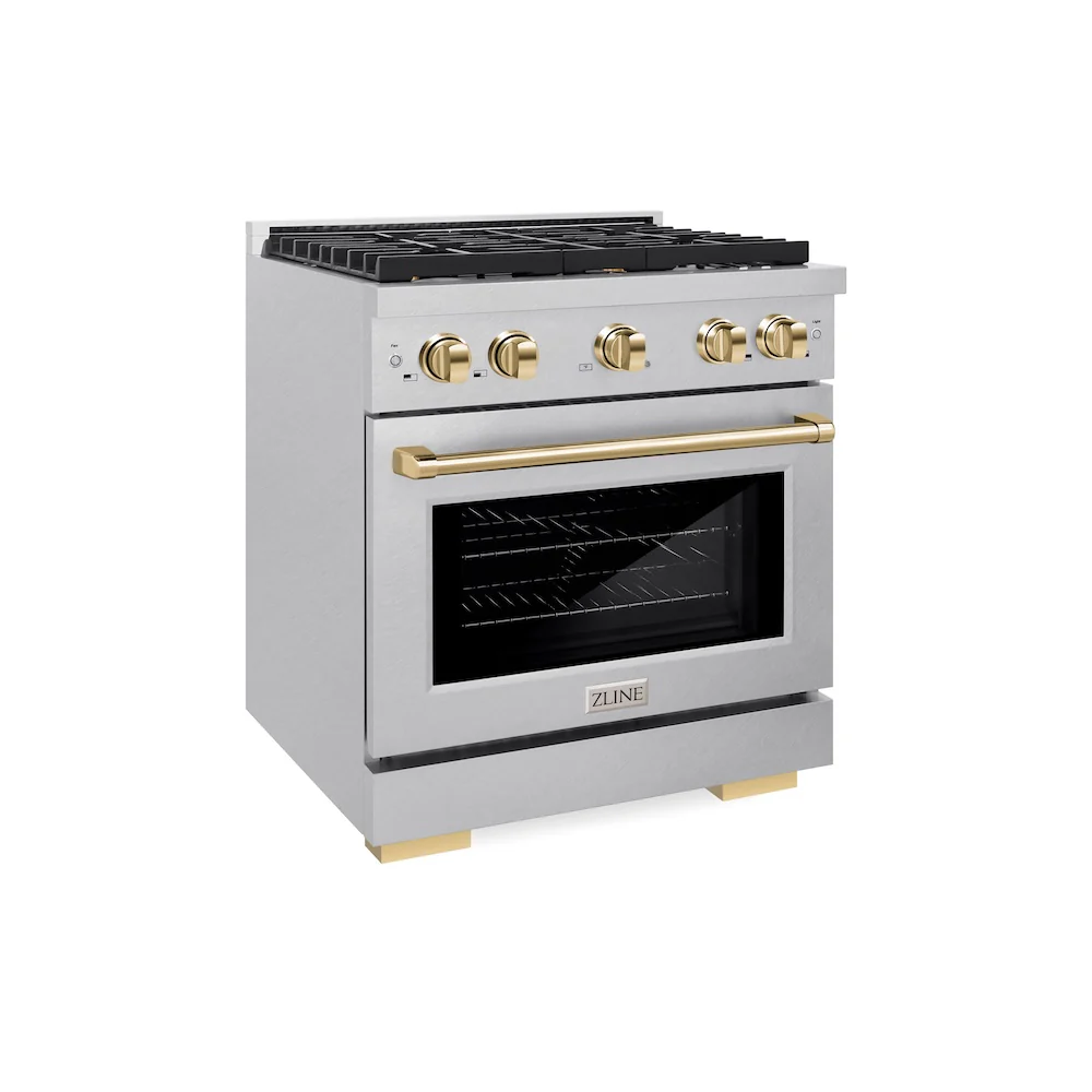 ZLINE Autograph Edition 30 in. 4.2 cu. ft. Paramount Dual Fuel Range with 4 Burner Gas Cooktop and Electric Convection Oven in Satin Stainless Steel with Polished Gold Accents, Open Box-Great Condition