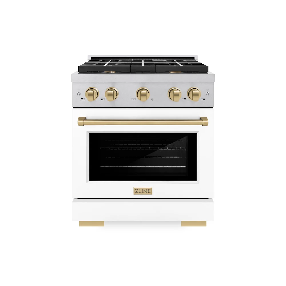 ZLINE Autograph Edition 30 in. 4.2 cu. ft. Paramount Dual Fuel Range with 4 Burner Gas Cooktop and Electric Convection Oven in Satin Stainless Steel with White Matte Door and Champagne Bronze Accents, Open Box-Great Condition - Image 3