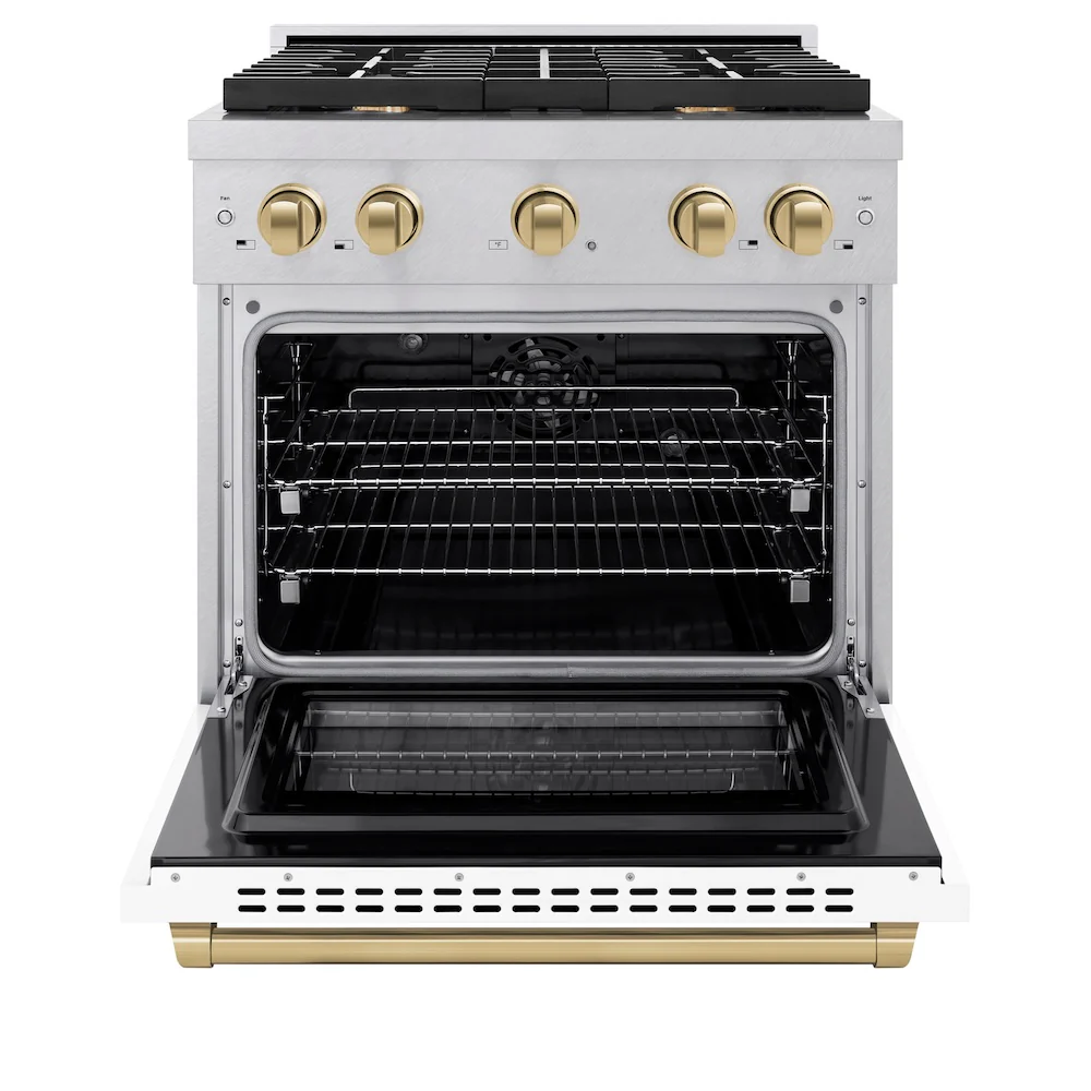 ZLINE Autograph Edition 30 in. 4.2 cu. ft. Paramount Dual Fuel Range with 4 Burner Gas Cooktop and Electric Convection Oven in Satin Stainless Steel with White Matte Door and Champagne Bronze Accents, Open Box-Great Condition - Image 4