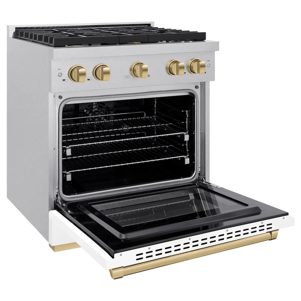 ZLINE Autograph Edition 30 in. 4.2 cu. ft. Paramount Dual Fuel Range with 4 Burner Gas Cooktop and Electric Convection Oven in Satin Stainless Steel with White Matte Door and Champagne Bronze Accents, Open Box-Great Condition - Image 7