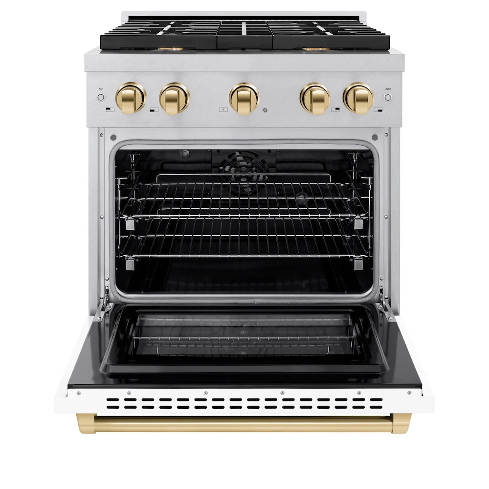 ZLINE Autograph Edition 30 in. 4.2 cu. ft. Paramount Dual Fuel Range with 4 Burner Gas Cooktop and Electric Convection Oven in Satin Stainless Steel with White Matte Door and Polished Gold Accents, Open Box-Great Condition - Image 4