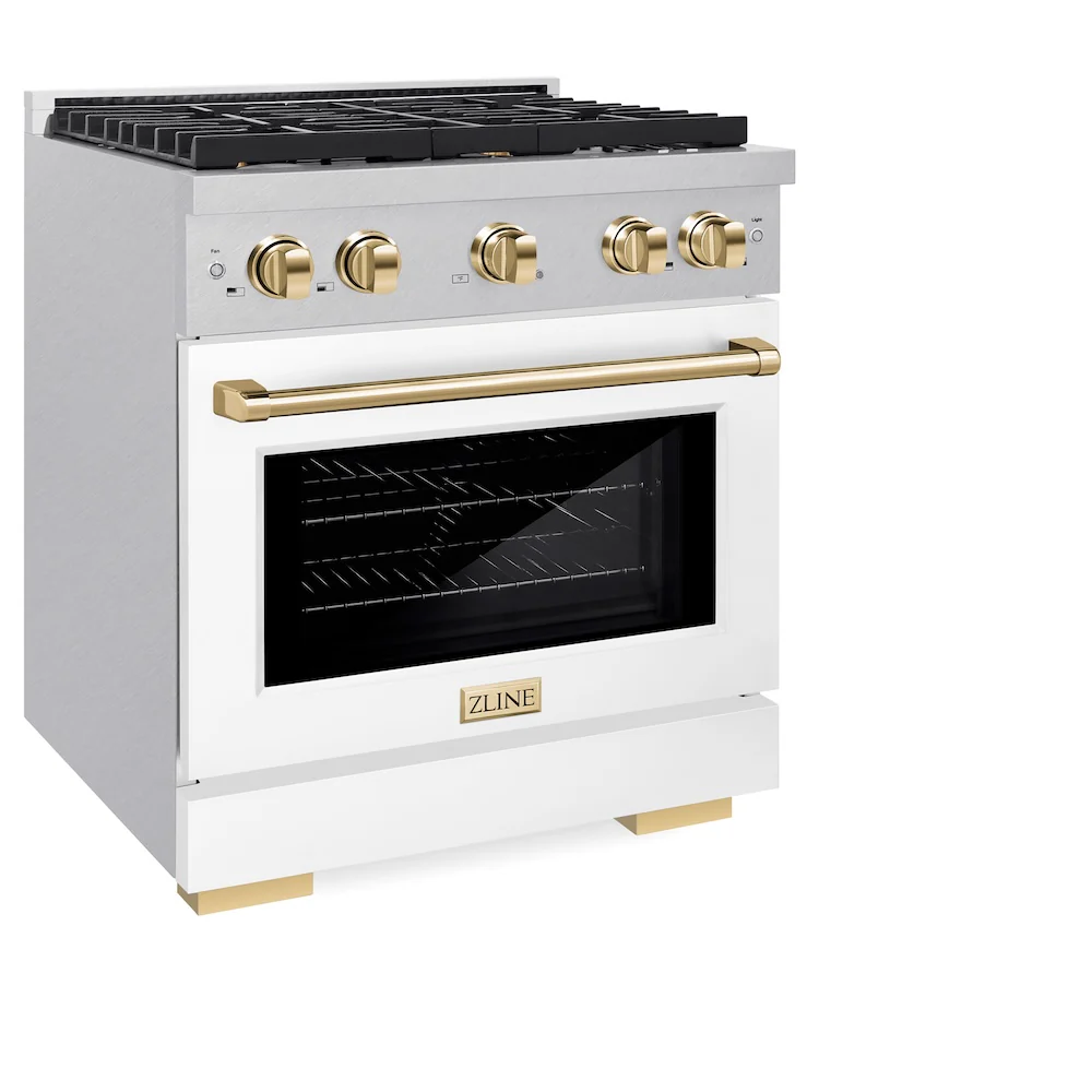 ZLINE Autograph Edition 30 in. 4.2 cu. ft. Paramount Dual Fuel Range with 4 Burner Gas Cooktop and Electric Convection Oven in Satin Stainless Steel with White Matte Door and Polished Gold Accents, Open Box-Great Condition - Image 5
