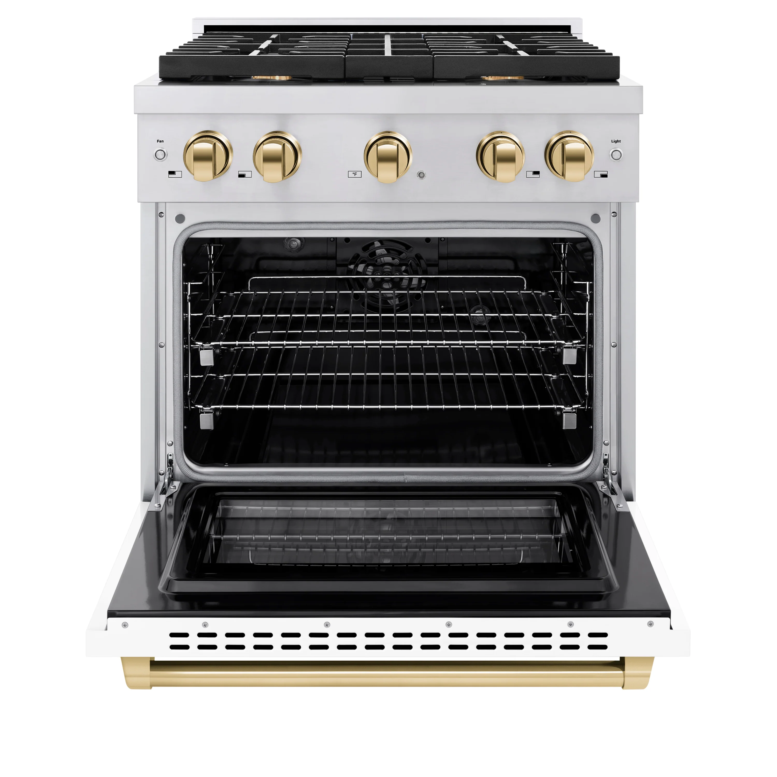 ZLINE Autograph Edition 30 in. 4.2 cu. ft. Paramount Dual Fuel Range with 4 Burner Gas Cooktop and Electric Convection Oven in Stainless Steel with White Matte Door and Polished Gold Accents, Open Box-Great Condition - Image 5