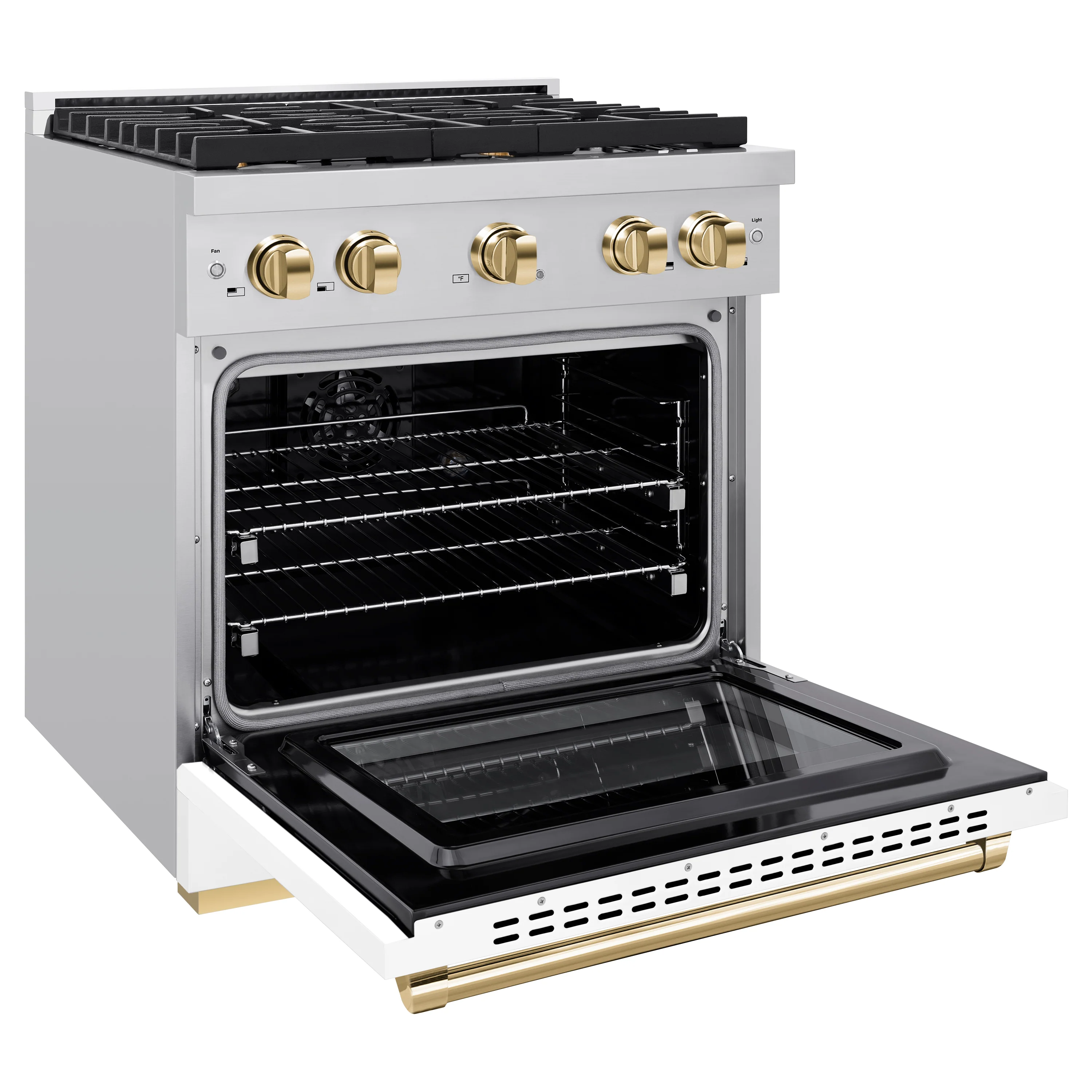 ZLINE Autograph Edition 30 in. 4.2 cu. ft. Paramount Dual Fuel Range with 4 Burner Gas Cooktop and Electric Convection Oven in Stainless Steel with White Matte Door and Polished Gold Accents, Open Box-Great Condition - Image 7