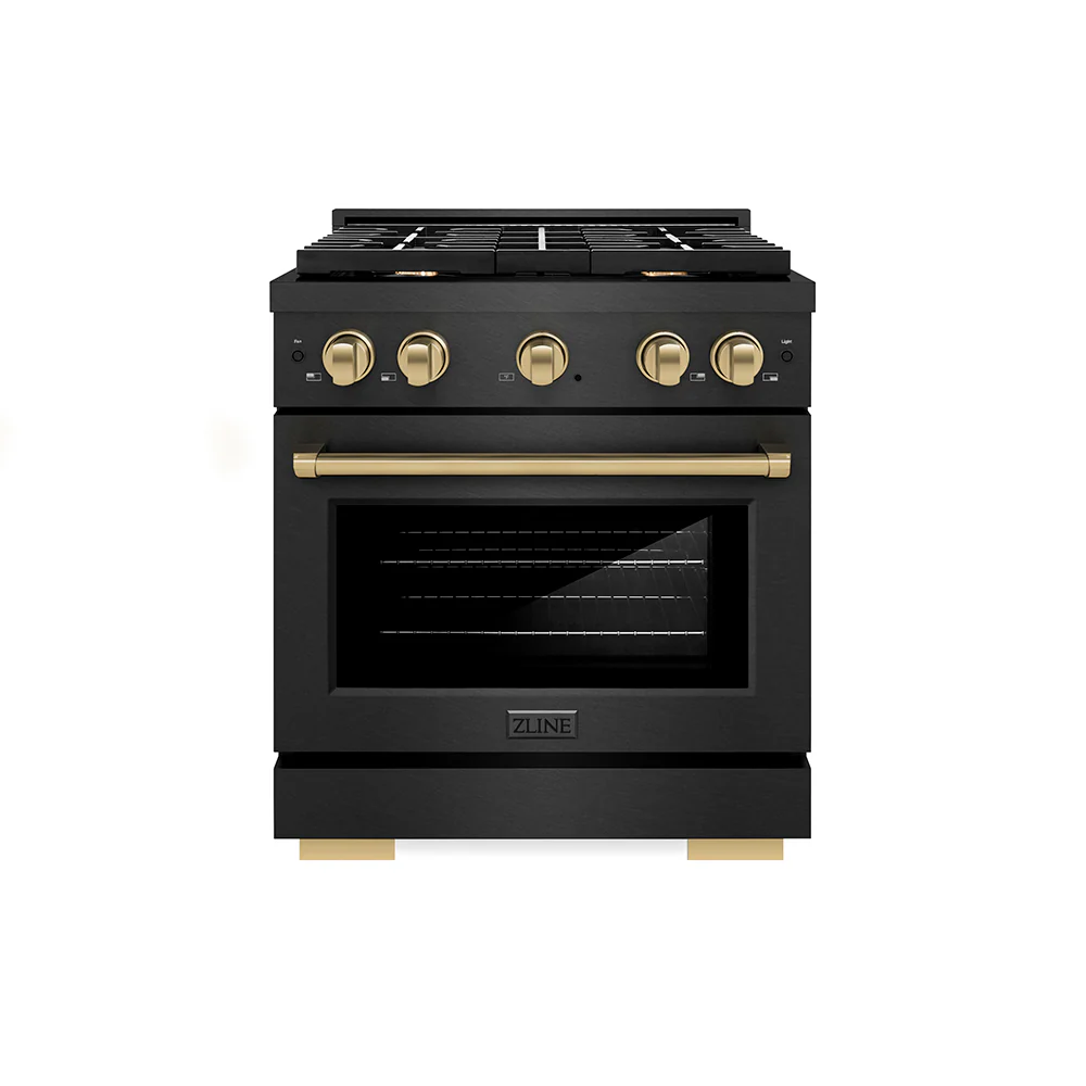 ZLINE Autograph Edition 30 in. 4.2 cu. ft. Paramount Gas Range with 4 Burner Cooktop and Convection Gas Oven in Black Satin Stainless Steel and Champagne Bronze Accents, Open Box-Great Condition