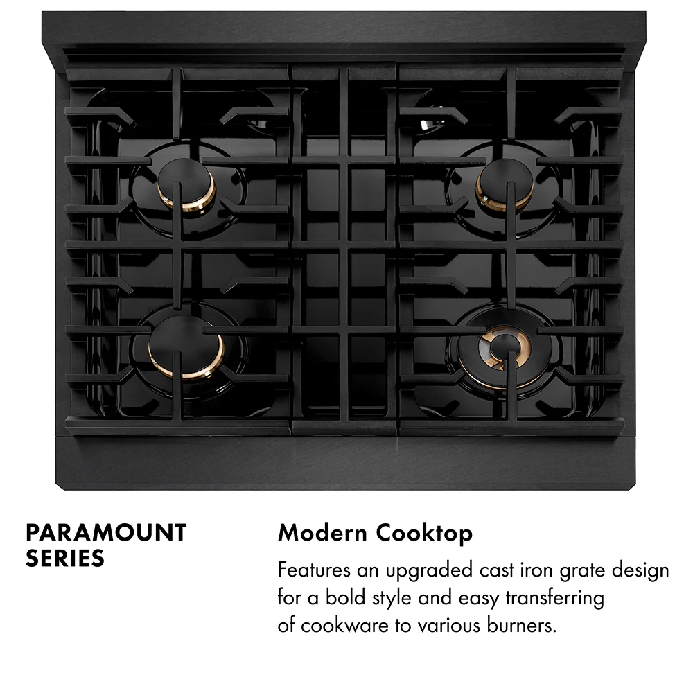 ZLINE Autograph Edition 30 in. 4.2 cu. ft. Paramount Gas Range with 4 Burner Cooktop and Convection Gas Oven in Black Satin Stainless Steel and Champagne Bronze Accents, Open Box-Great Condition - Image 13