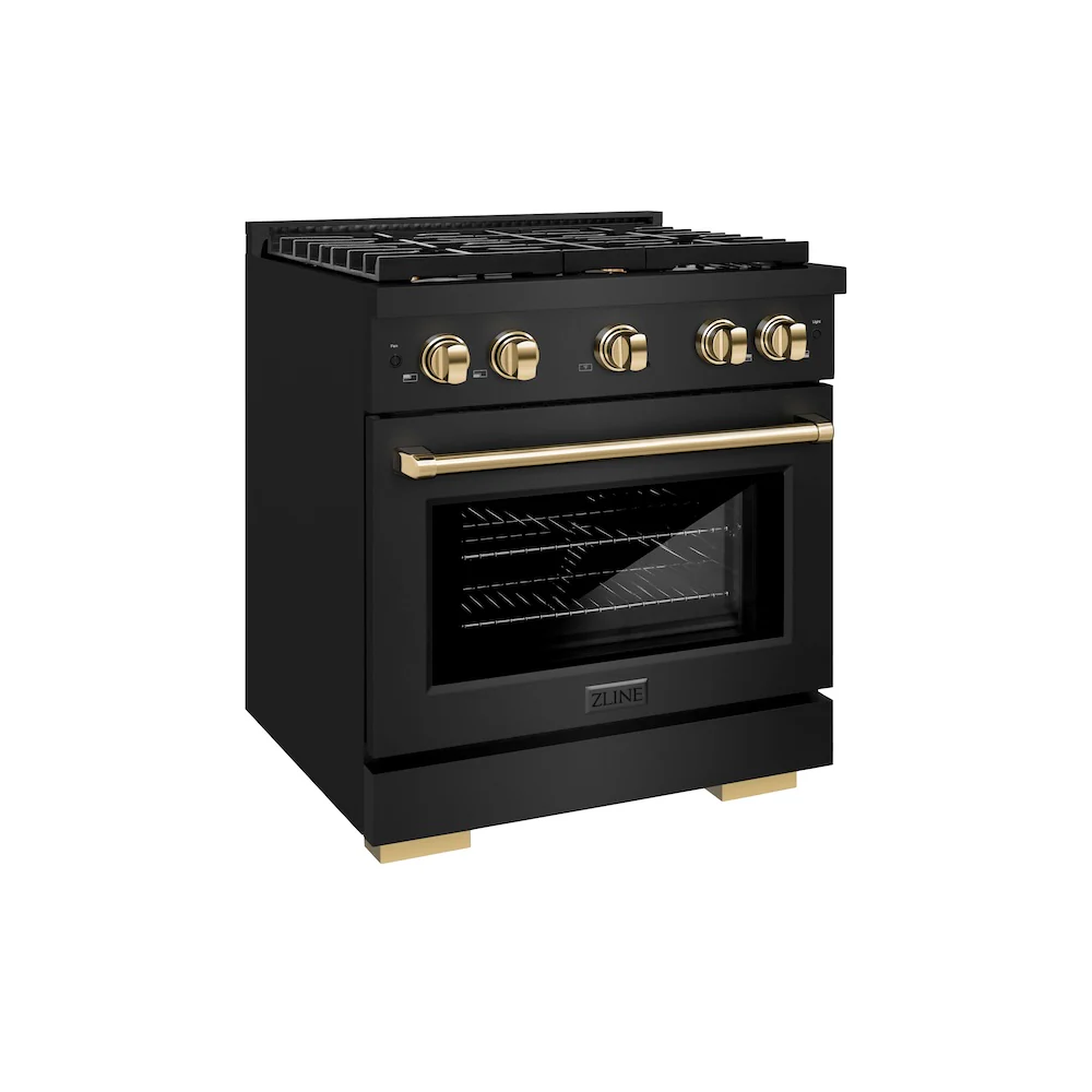 ZLINE Autograph Edition 30 in. 4.2 cu. ft. Paramount Gas Range with 4 Burner Cooktop and Convection Gas Oven in Black Stainless Steel and Polished Gold Accents, Open Box-Great Condition