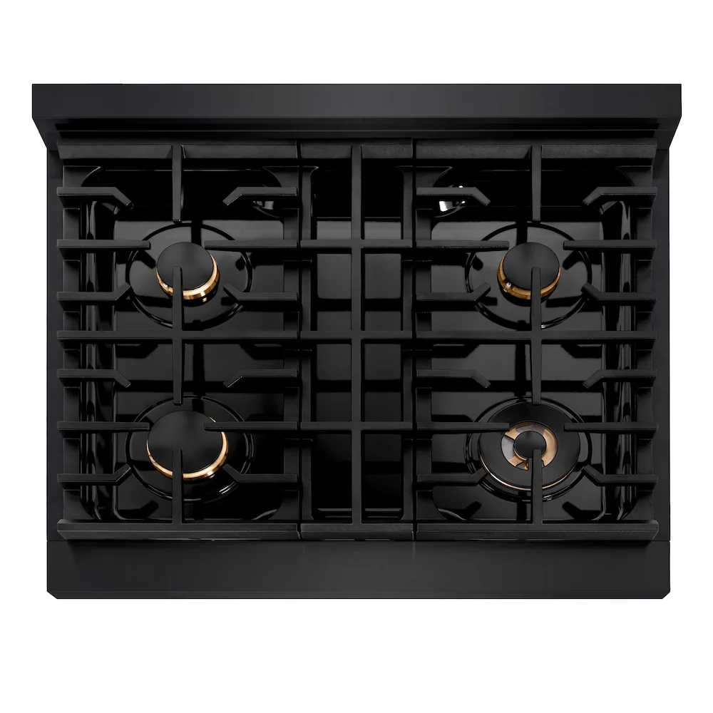 ZLINE Autograph Edition 30 in. 4.2 cu. ft. Paramount Gas Range with 4 Burner Cooktop and Convection Gas Oven in Black Stainless Steel and Polished Gold Accents, Open Box-Great Condition - Image 2
