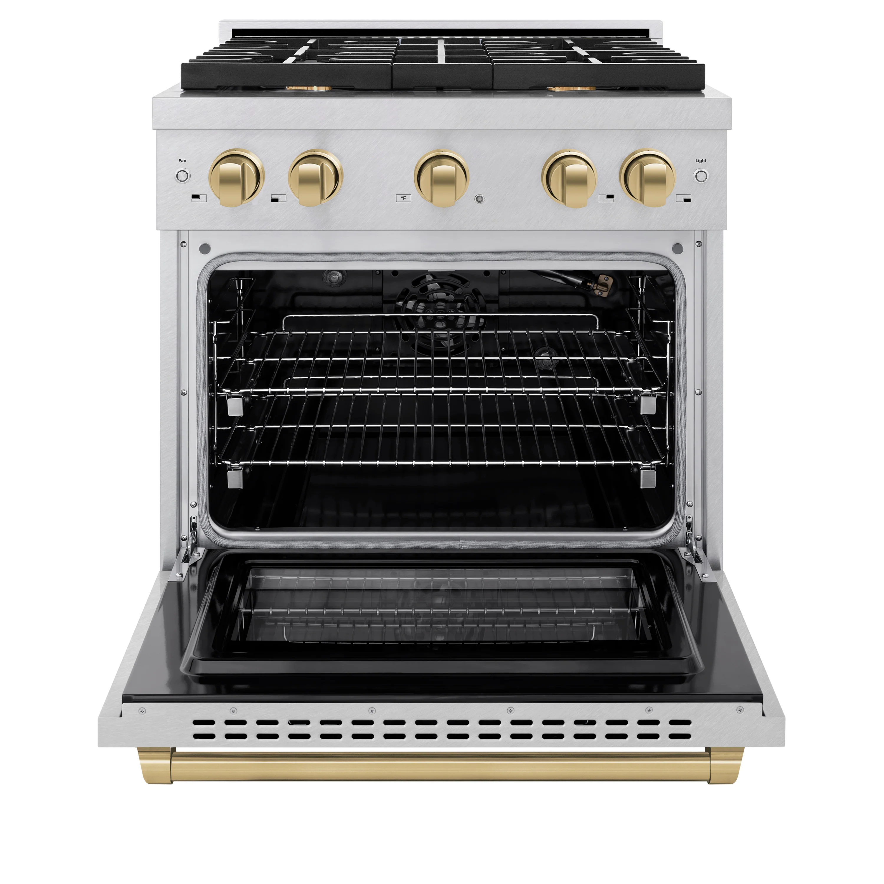 ZLINE Autograph Edition 30 in. 4.2 cu. ft. Paramount Gas Range with 4 Burner Cooktop and Convection Gas Oven in Satin Stainless Steel and Champagne Bronze Accents, Open Box-Great Condition - Image 5