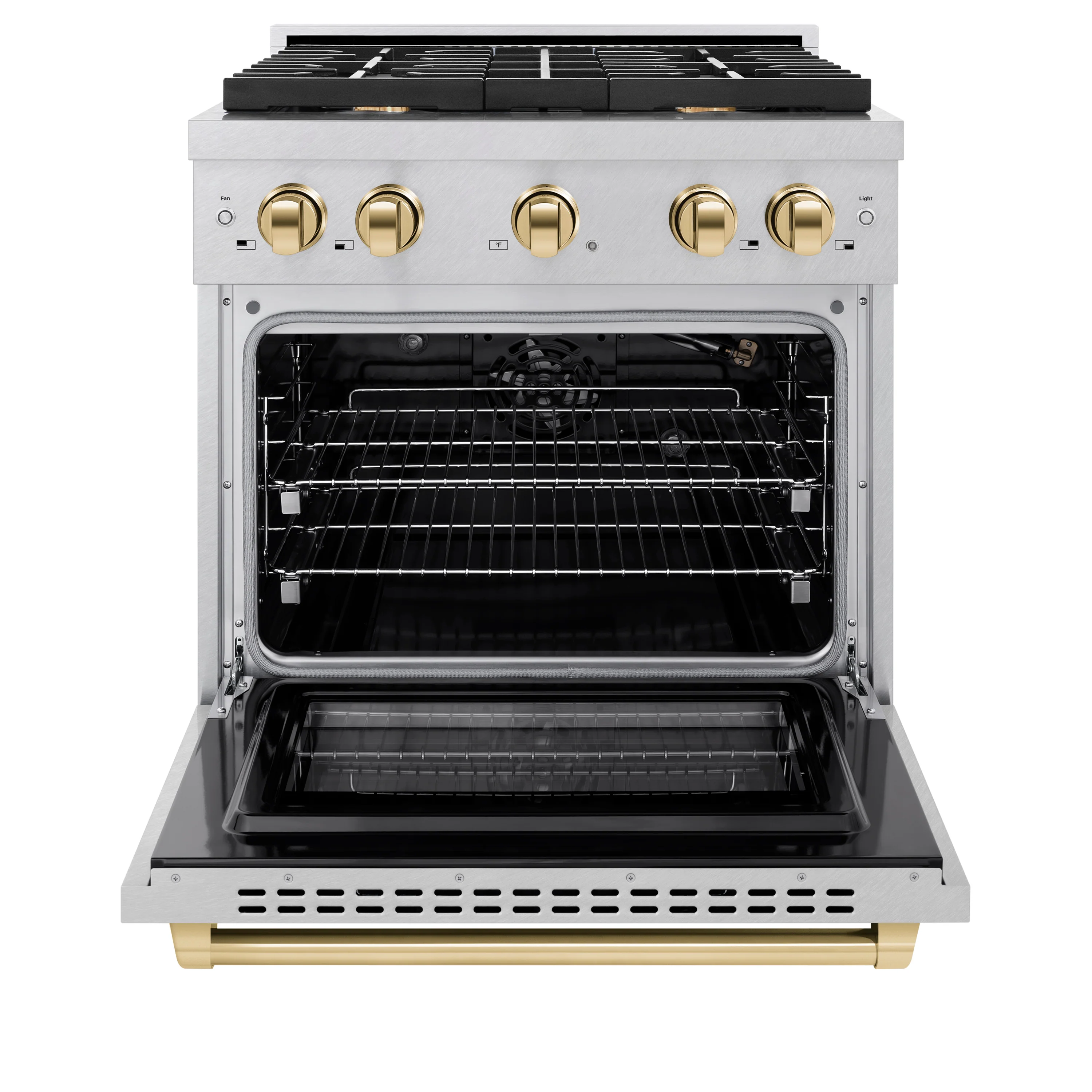 ZLINE Autograph Edition 30 in. 4.2 cu. ft. Paramount Gas Range with 4 Burner Cooktop and Convection Gas Oven in Satin Stainless Steel and Polished Gold Accents, Open Box-Great Condition - Image 5