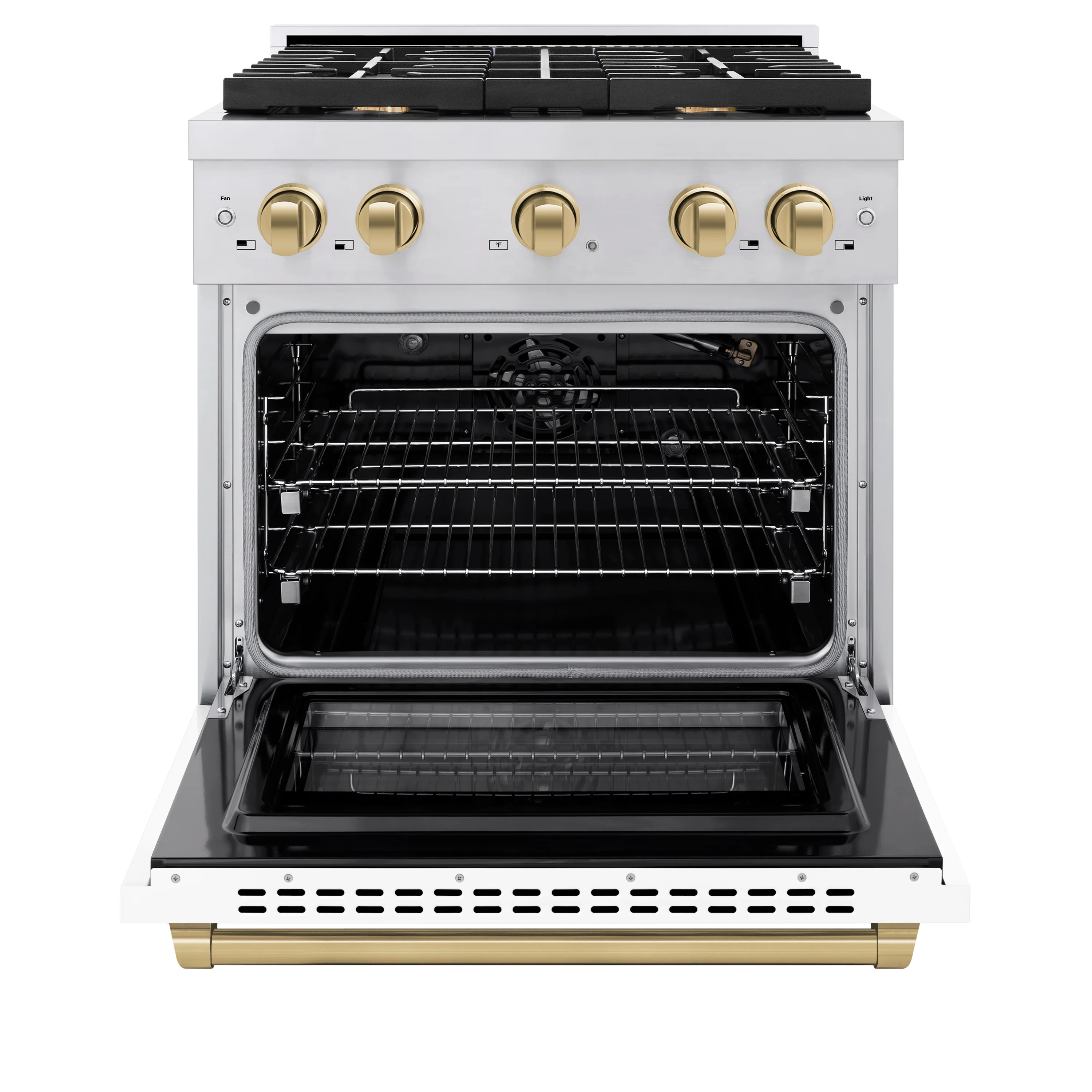 ZLINE Autograph Edition 30 in. 4.2 cu. ft. Paramount Gas Range with 4 Burner Cooktop and Convection Gas Oven in Stainless Steel with White Matte Door and Champagne Bronze Accents, Open Box-Great Condition - Image 5
