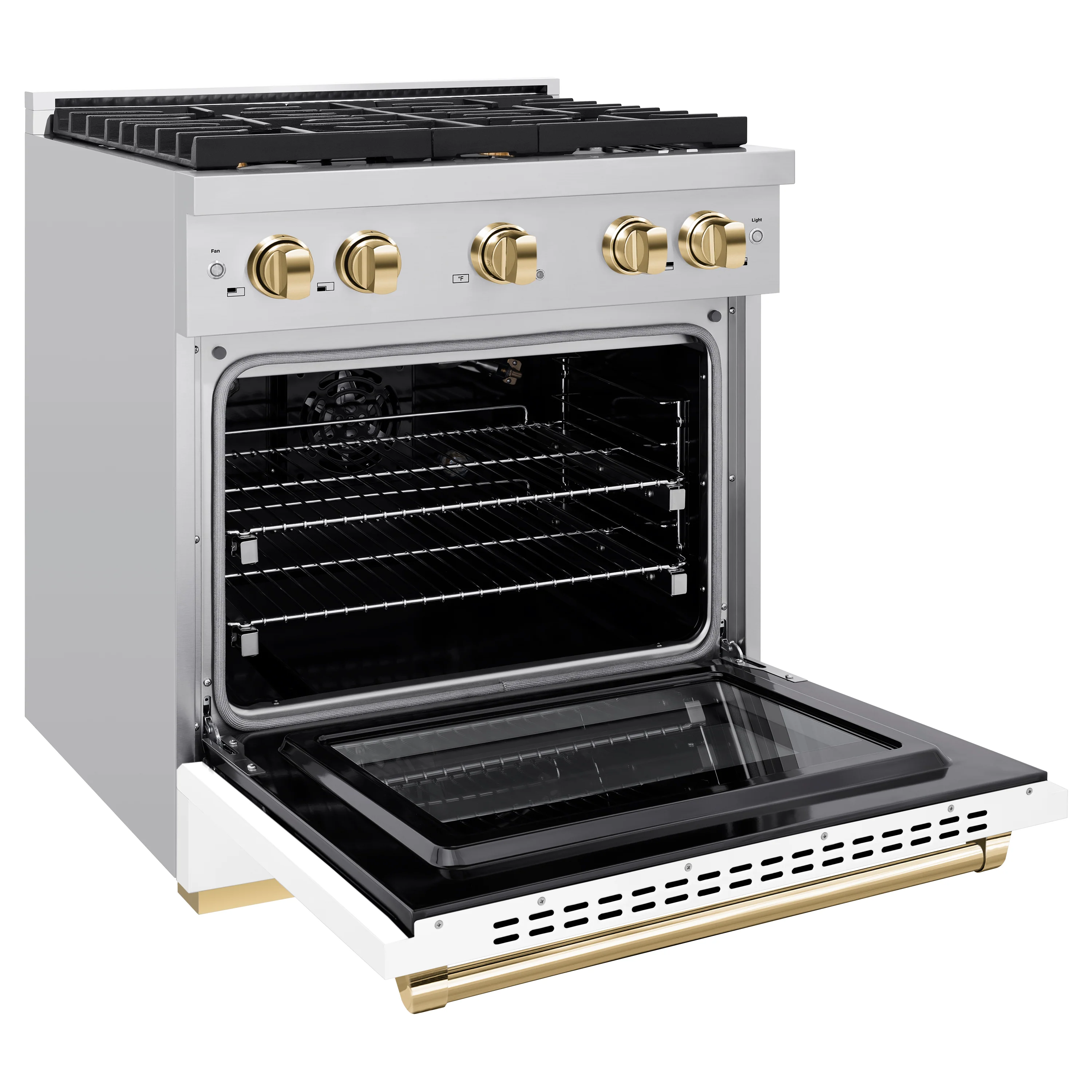 ZLINE Autograph Edition 30 in. 4.2 cu. ft. Paramount Gas Range with 4 Burner Cooktop and Convection Gas Oven in Stainless Steel with White Matte Door and Polished Gold Accents, Open Box-Great Condition - Image 7