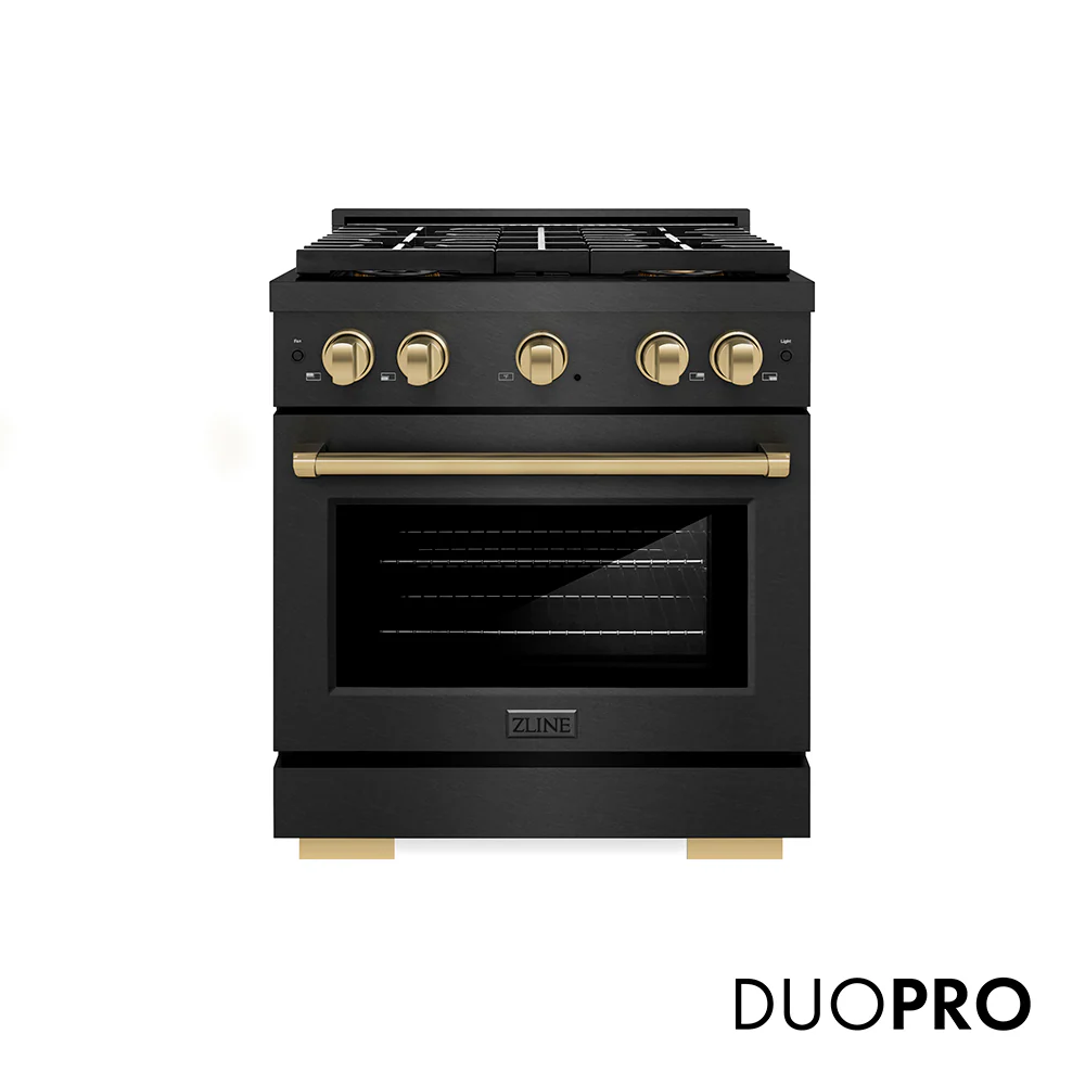 ZLINE Autograph Edition 30 in. 4.2 cu. ft. Paramount Gas Range with 4 Burner DuoPro™ Cooktop and Convection Gas Oven in Black Satin Stainless Steel and Champagne Bronze Accents, Open Box-Great Condition
