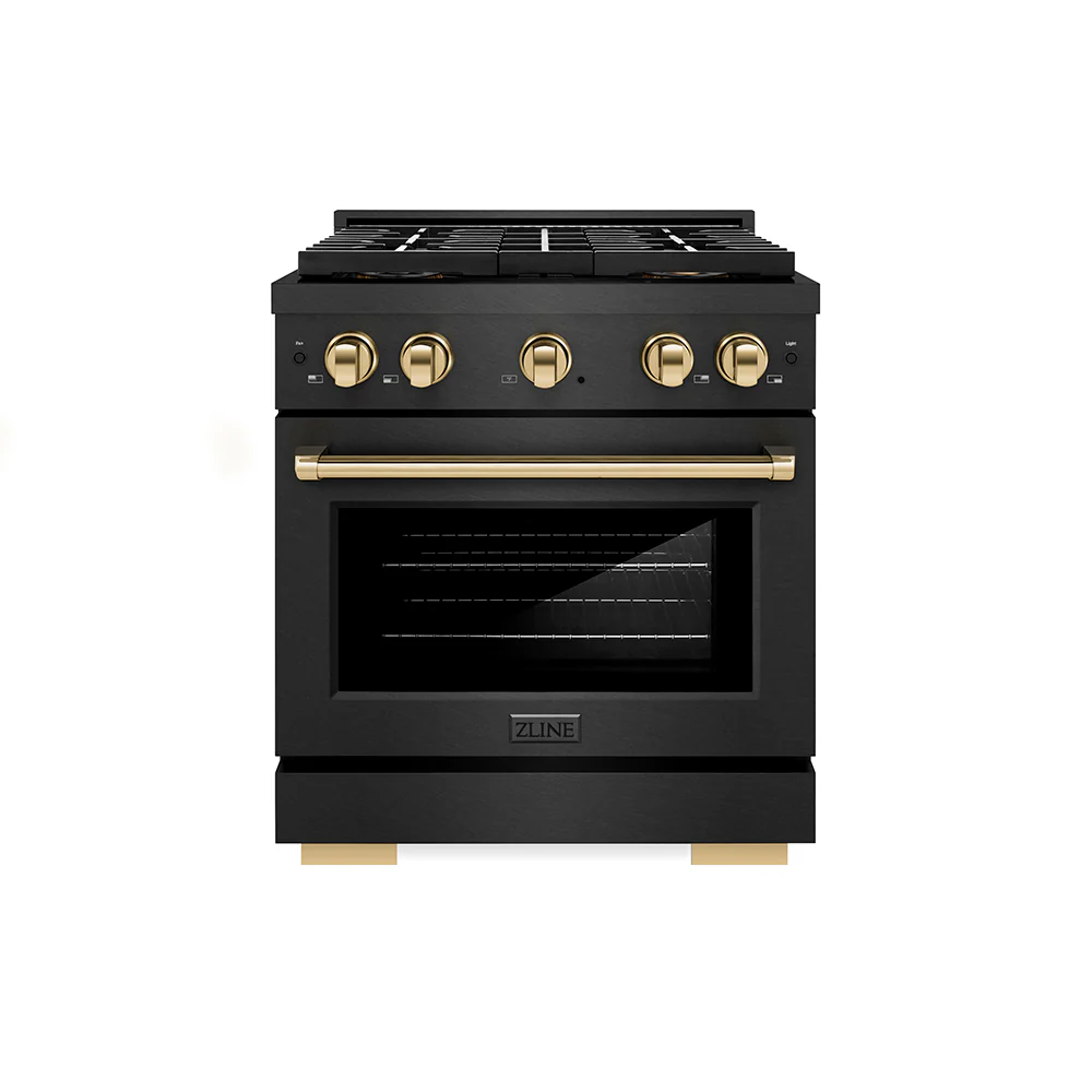 ZLINE Autograph Edition 30 in. 4.2 cu. ft. Paramount Gas Range with 4 Burner DuoPro™ Cooktop and Convection Gas Oven in Black Satin Stainless Steel and Polished Gold Accents, Open Box-Great Condition - Image 3