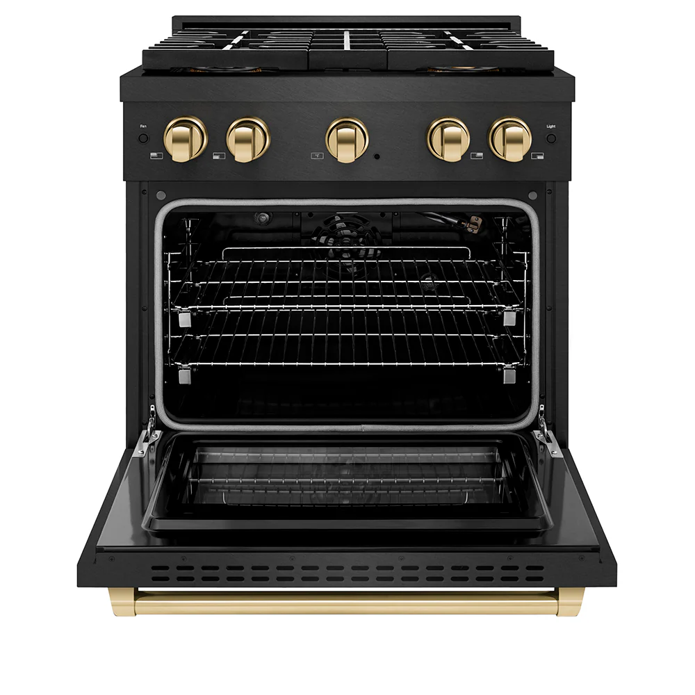 ZLINE Autograph Edition 30 in. 4.2 cu. ft. Paramount Gas Range with 4 Burner DuoPro™ Cooktop and Convection Gas Oven in Black Satin Stainless Steel and Polished Gold Accents, Open Box-Great Condition - Image 4