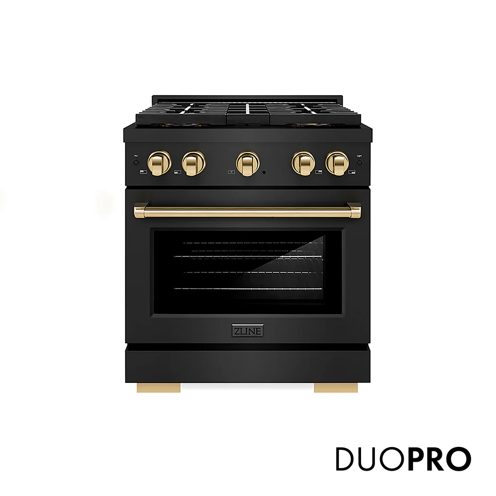 ZLINE Autograph Edition 30 in. 4.2 cu. ft. Paramount Gas Range with 4 Burner DuoPro™ Cooktop and Convection Gas Oven in Black Stainless Steel and Polished Gold Accents, Open Box-Great Condition