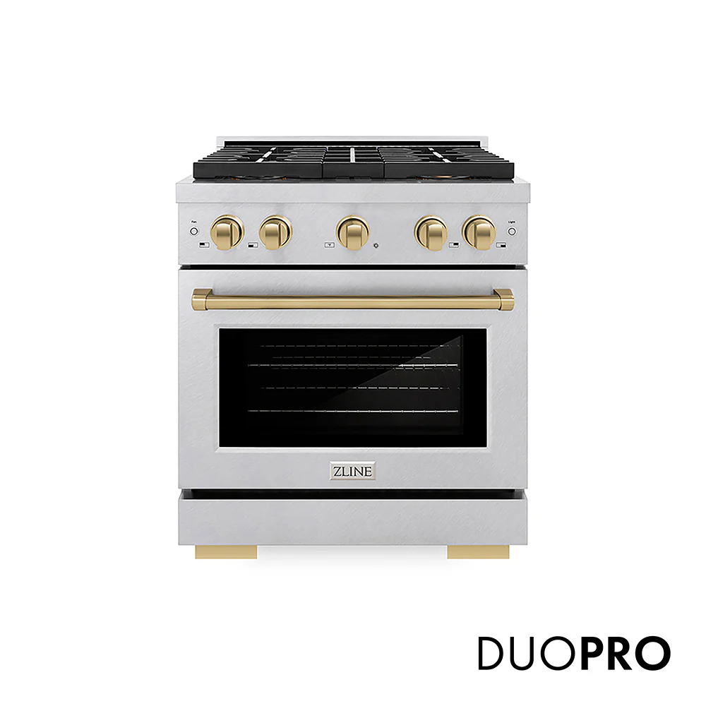 ZLINE Autograph Edition 30 in. 4.2 cu. ft. Paramount Gas Range with 4 Burner DuoPro™ Cooktop and Convection Gas Oven in Satin Stainless Steel and Champagne Bronze Accents, Open Box-Great Condition