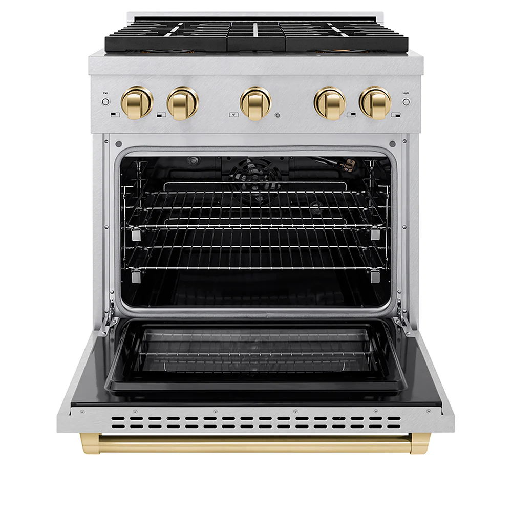 ZLINE Autograph Edition 30 in. 4.2 cu. ft. Paramount Gas Range with 4 Burner DuoPro™ Cooktop and Convection Gas Oven in Satin Stainless Steel and Polished Gold Accents, Open Box-Great Condition - Image 4