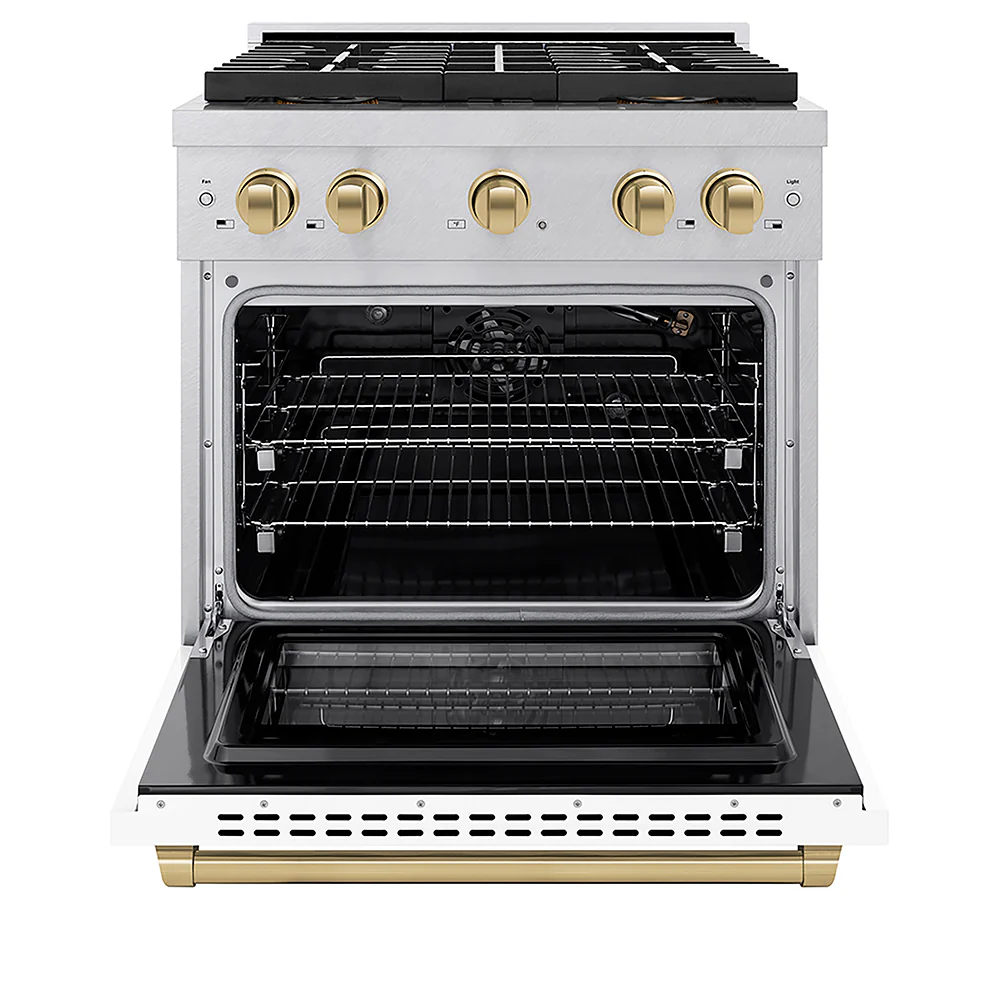 ZLINE Autograph Edition 30 in. 4.2 cu. ft. Paramount Gas Range with 4 Burner DuoPro™ Cooktop and Convection Gas Oven in Satin Stainless Steel with White Matte Door and Champagne Bronze Accents, Open Box-Great Condition - Image 4