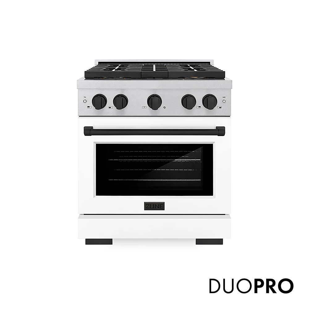 ZLINE Autograph Edition 30 in. 4.2 cu. ft. Paramount Gas Range with 4 Burner DuoPro™ Cooktop and Convection Gas Oven in Satin Stainless Steel with White Matte Door and Matte Black Accents, Open Box-Great Condition