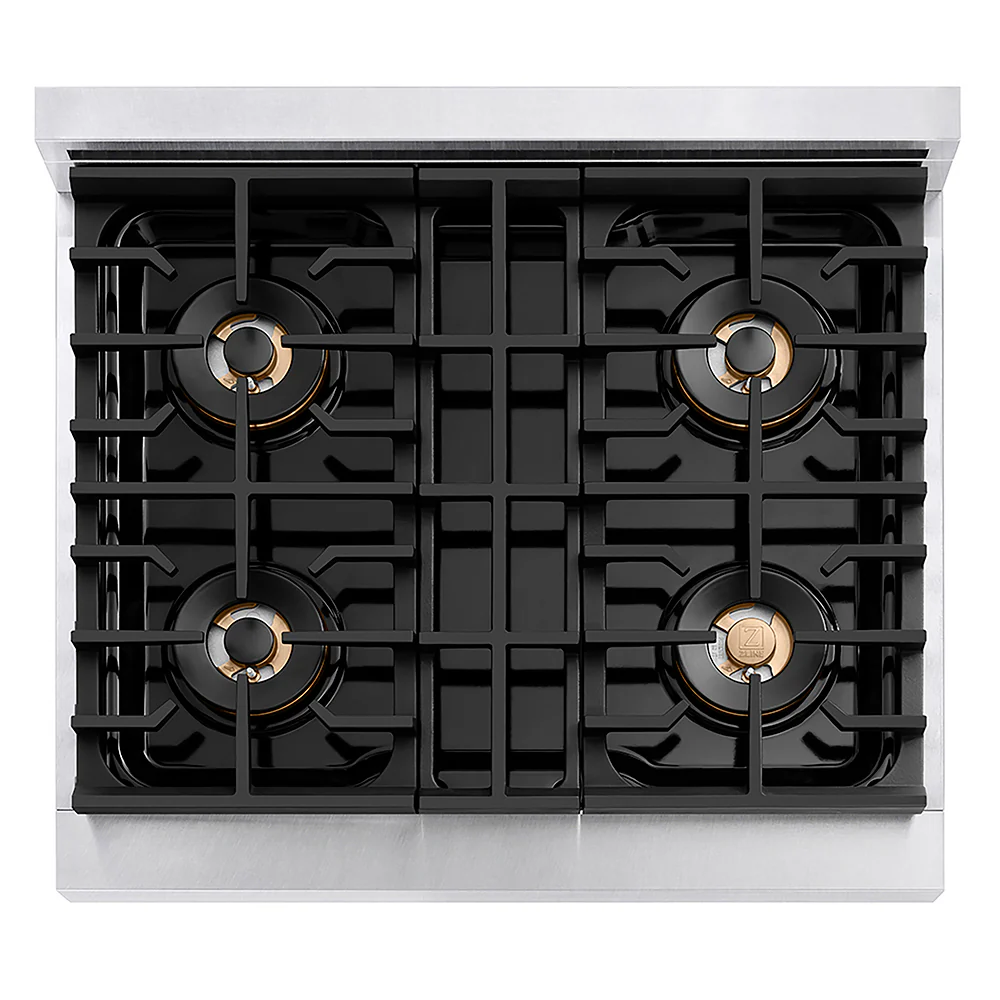 ZLINE Autograph Edition 30 in. 4.2 cu. ft. Paramount Gas Range with 4 Burner DuoPro™ Cooktop and Convection Gas Oven in Satin Stainless Steel with White Matte Door and Polished Gold Accents, Open Box-Great Condition - Image 2