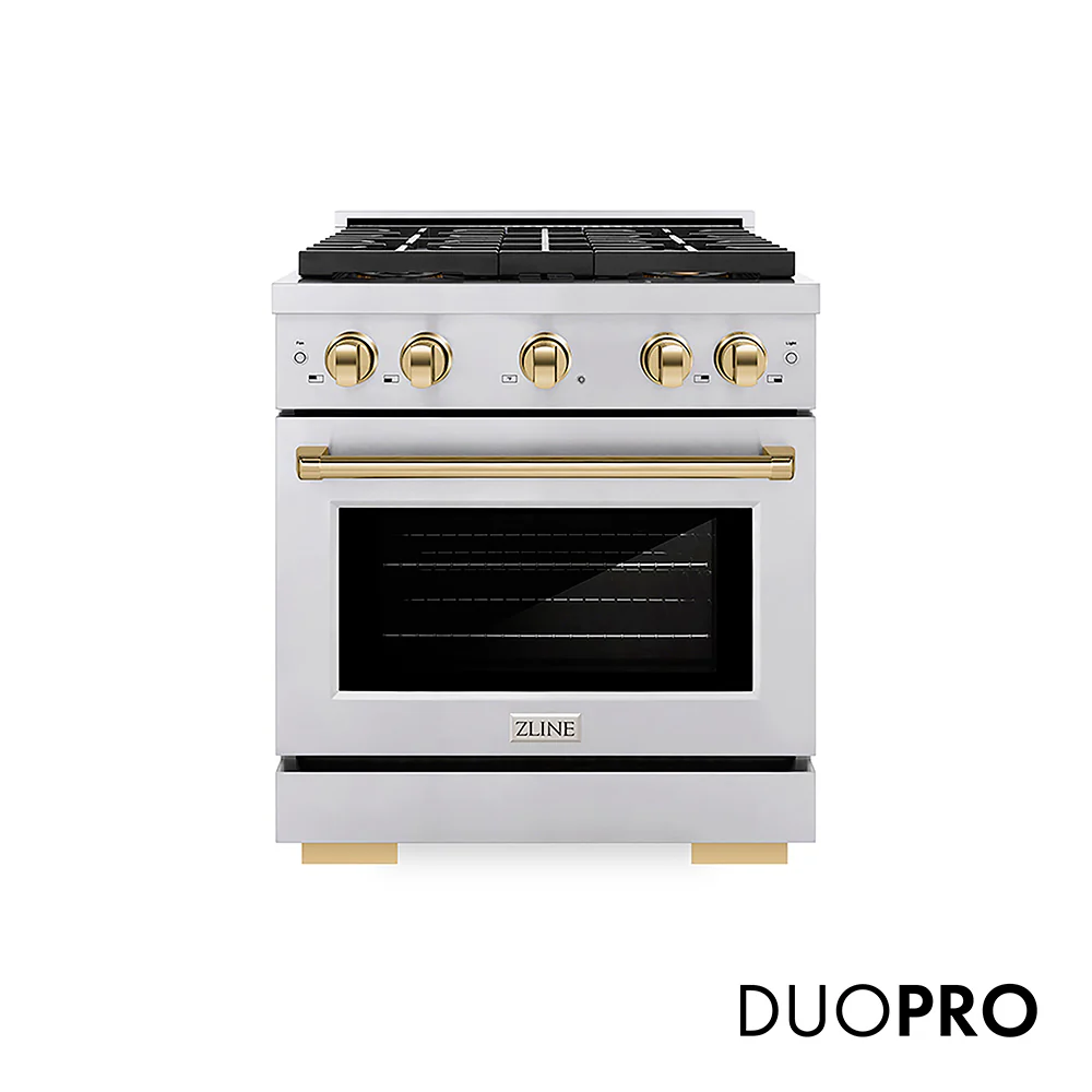 ZLINE Autograph Edition 30 in. 4.2 cu. ft. Paramount Gas Range with 4 Burner DuoPro™ Cooktop and Convection Gas Oven in Stainless Steel with Polished Gold Accents, Open Box-Great Condition