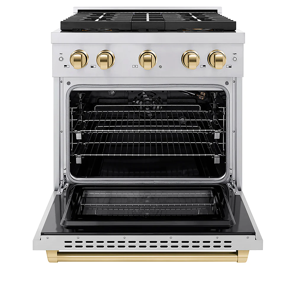 ZLINE Autograph Edition 30 in. 4.2 cu. ft. Paramount Gas Range with 4 Burner DuoPro™ Cooktop and Convection Gas Oven in Stainless Steel with Polished Gold Accents, Open Box-Great Condition - Image 4