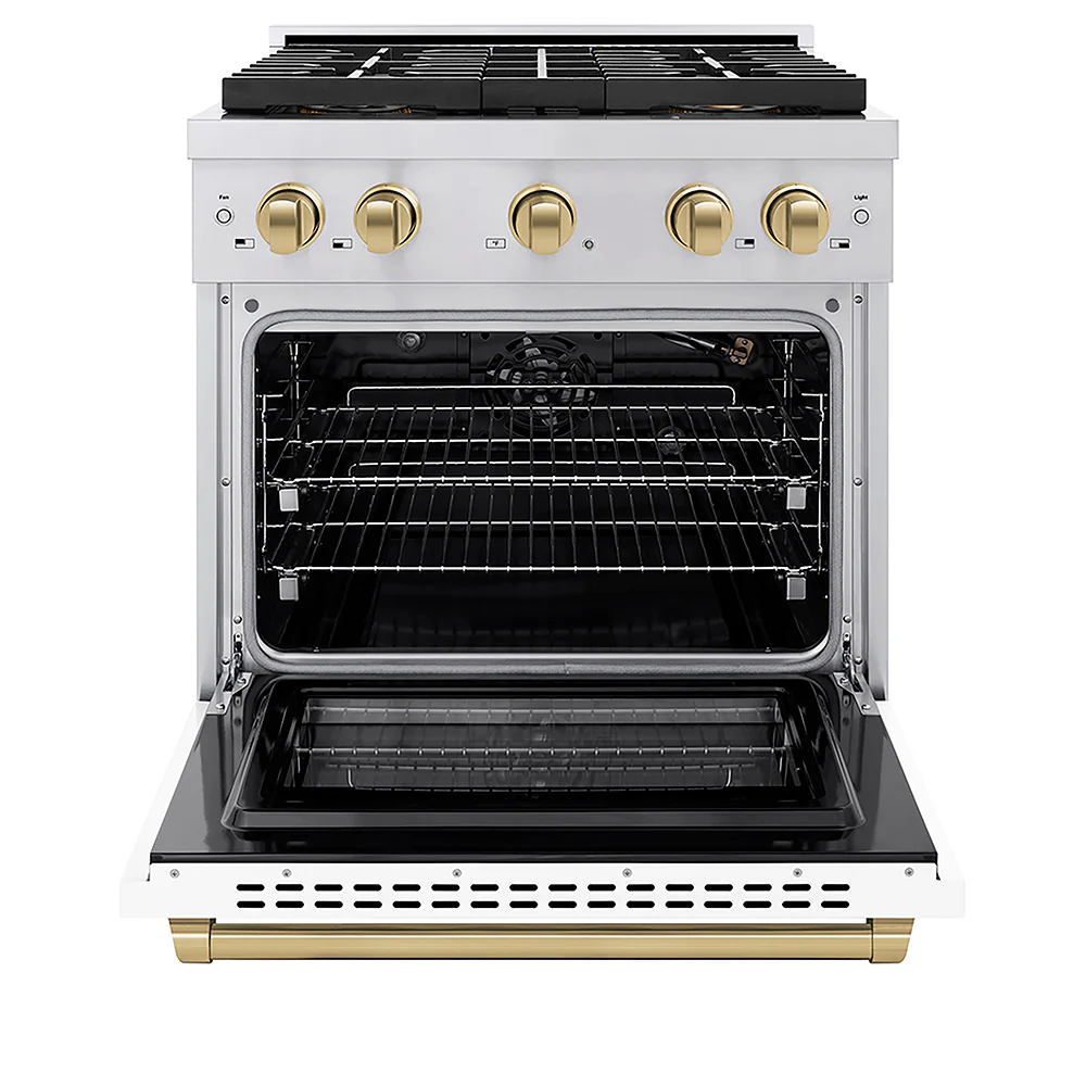 ZLINE Autograph Edition 30 in. 4.2 cu. ft. Paramount Gas Range with 4 Burner DuoPro™ Cooktop and Convection Gas Oven in Stainless Steel with White Matte Door and Champagne Bronze Accents, Open Box-Great Condition - Image 4