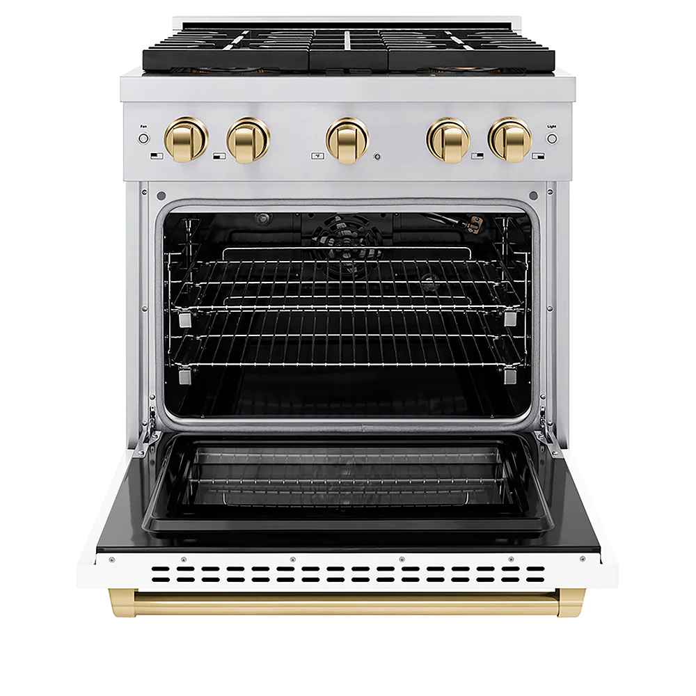 ZLINE Autograph Edition 30 in. 4.2 cu. ft. Paramount Gas Range with 4 Burner DuoPro™ Cooktop and Convection Gas Oven in Stainless Steel with White Matte Door and Polished Gold Accents, Open Box-Great Condition - Image 4