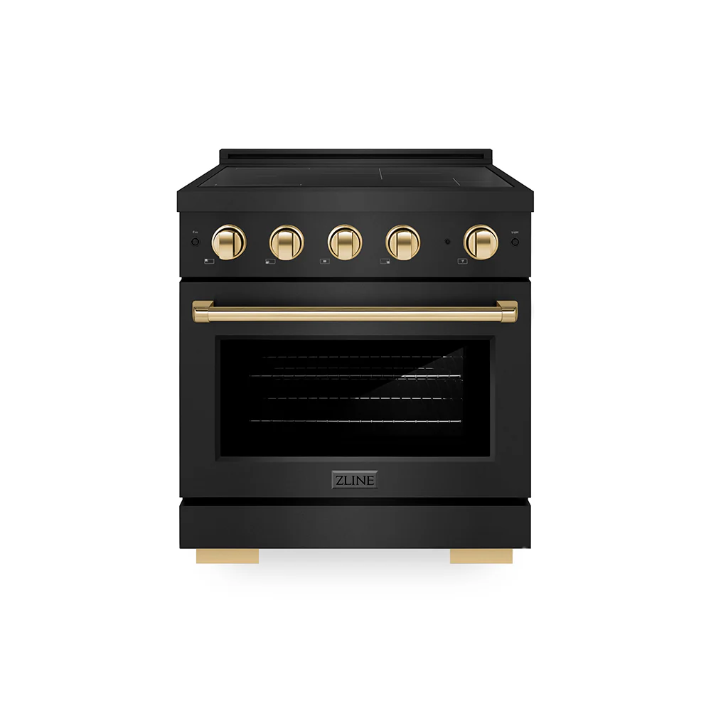 ZLINE Autograph Edition 30 in. 4.2 cu. ft. Paramount Induction Range with 4 Element Cooktop and Electric Convection Oven in Black Stainless Steel with Polished Gold Accents, Open Box-Great Condition