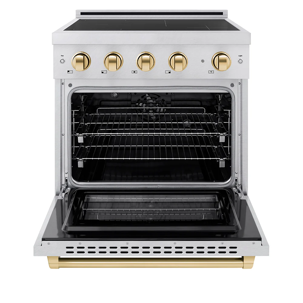 ZLINE Autograph Edition 30 in. 4.2 cu. ft. Paramount Induction Range with 4 Element Cooktop and Electric Convection Oven in Satin Stainless Steel with Polished Gold Accents, Open Box-Great Condition - Image 3