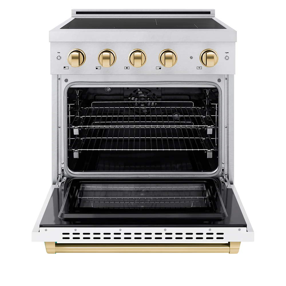 ZLINE Autograph Edition 30 in. 4.2 cu. ft. Paramount Induction Range with 4 Element Cooktop and Electric Convection Oven in Satin Stainless Steel with White Matte Door and Polished Gold Accents, Open Box-Great Condition - Image 3