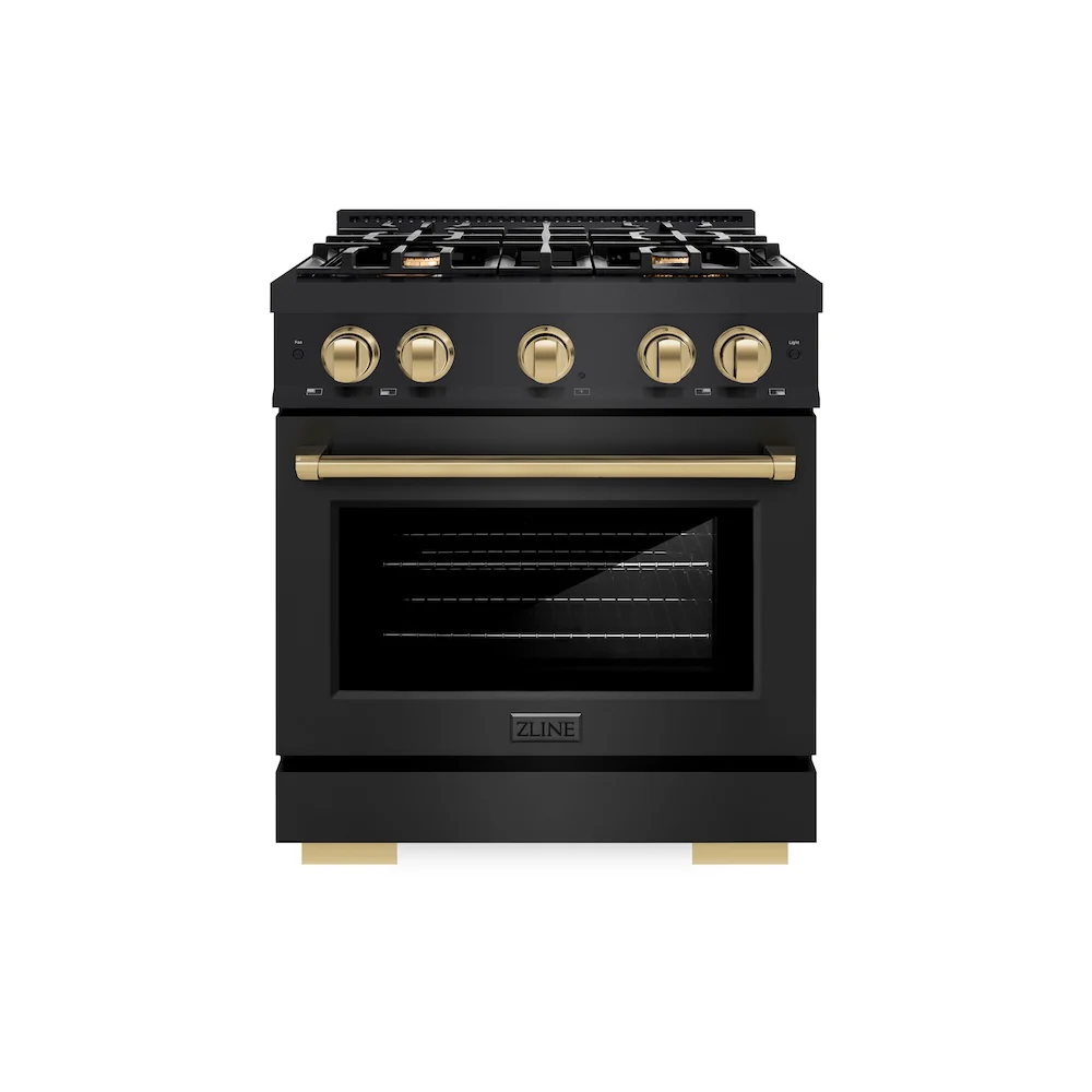 ZLINE Autograph Edition 30 in. 4.2 cu. ft. Select Dual Fuel Range with 4 Burner Gas Cooktop and Electric Convection Oven in Black Stainless Steel with Champagne Bronze Accents, Open Box-Great Condition - Image 3