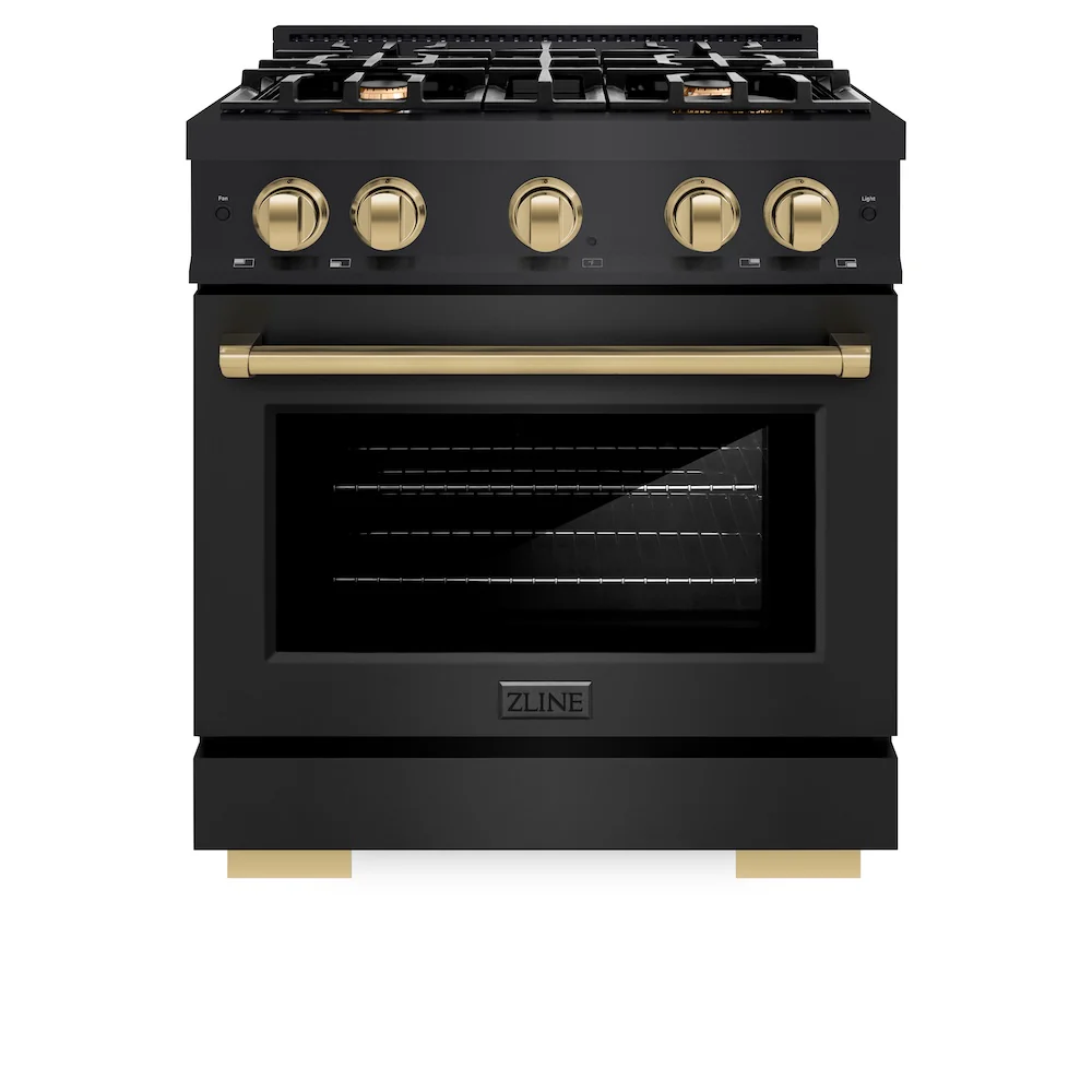 ZLINE Autograph Edition 30 in. 4.2 cu. ft. Select Dual Fuel Range with 4 Burner Gas Cooktop and Electric Convection Oven in Black Stainless Steel with Champagne Bronze Accents, Open Box-Great Condition - Image 4