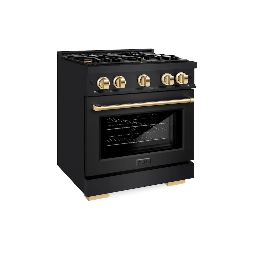 ZLINE Autograph Edition 30 in. 4.2 cu. ft. Select Dual Fuel Range with 4 Burner Gas Cooktop and Electric Convection Oven in Black Stainless Steel with Polished Gold Accents, Open Box-Great Condition