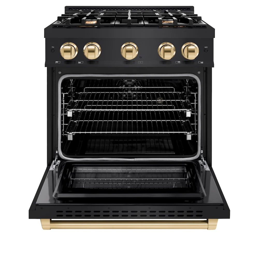 ZLINE Autograph Edition 30 in. 4.2 cu. ft. Select Dual Fuel Range with 4 Burner Gas Cooktop and Electric Convection Oven in Black Stainless Steel with Polished Gold Accents, Open Box-Great Condition - Image 5