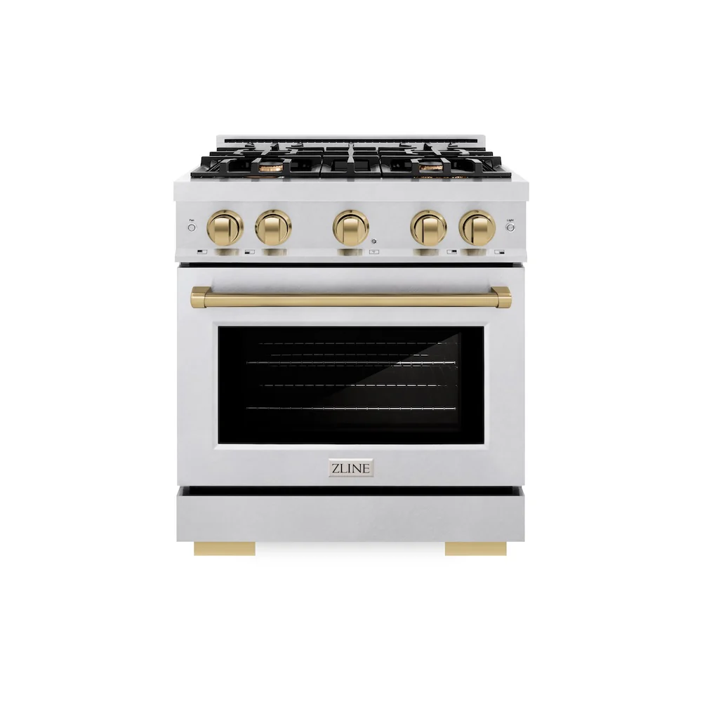 ZLINE Autograph Edition 30 in. 4.2 cu. ft. Select Dual Fuel Range with 4 Burner Gas Cooktop and Electric Convection Oven in Satin Stainless Steel with Champagne Bronze Accents, Open Box-Great Condition - Image 3