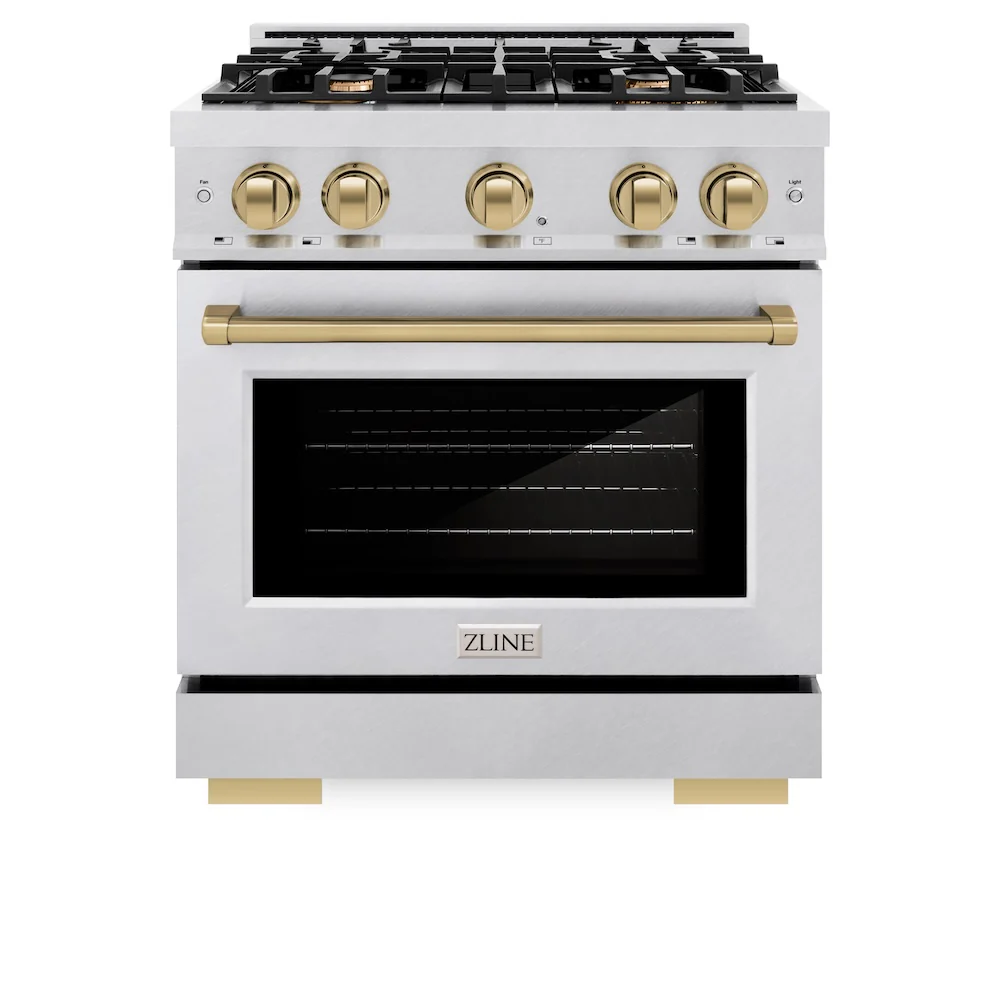 ZLINE Autograph Edition 30 in. 4.2 cu. ft. Select Dual Fuel Range with 4 Burner Gas Cooktop and Electric Convection Oven in Satin Stainless Steel with Champagne Bronze Accents, Open Box-Great Condition - Image 4